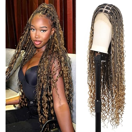 Brinbea 13x8'' HD Lace Front Braided Wigs for Women Knotless Boho Braided Wigs Box Braid Wig with Baby Hair Long Light Brown Premium Synthetic Braids Wig 36 Inch