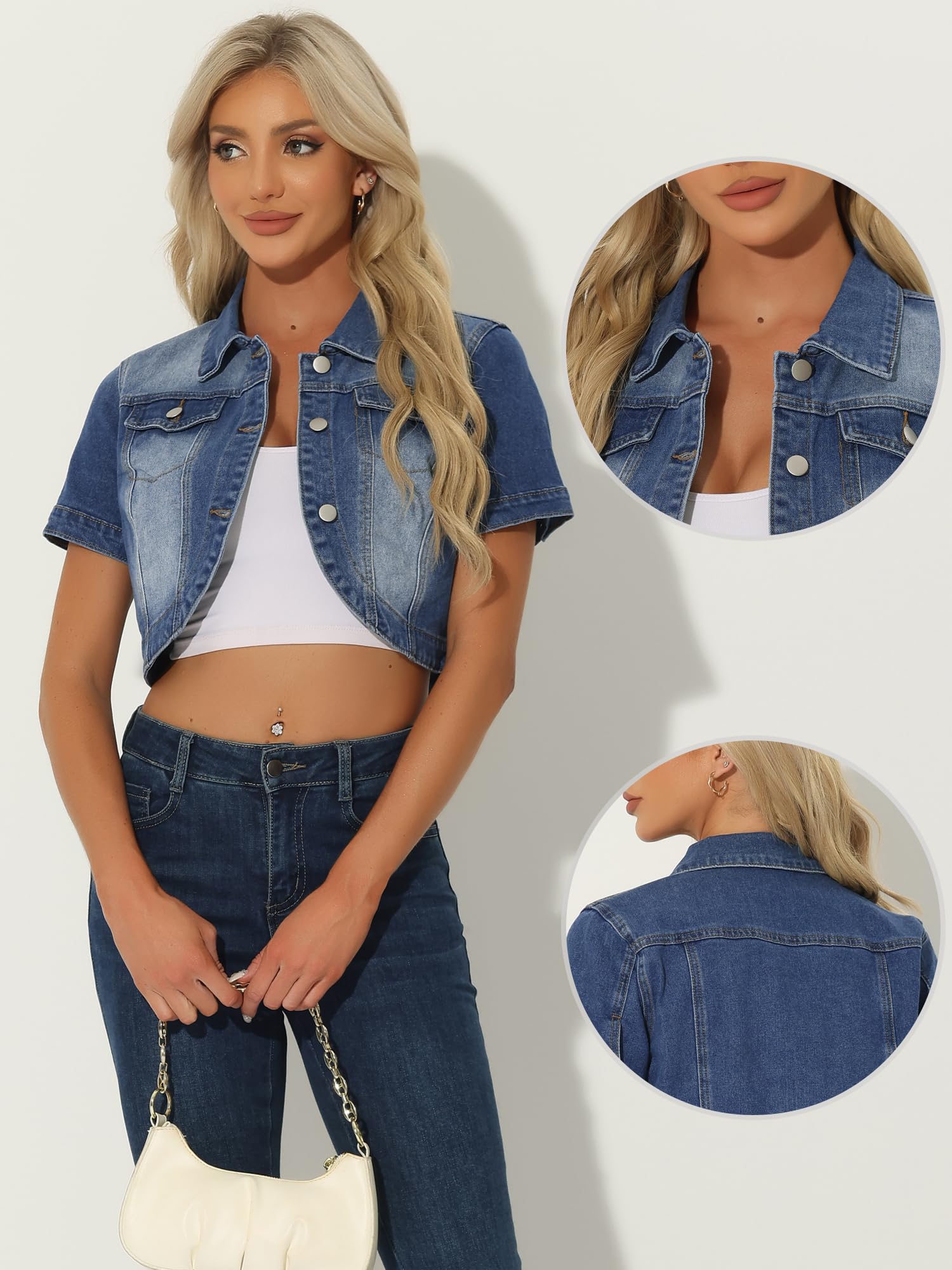 Allegra K Lässige Jeansjacke für Damen, Umlegekragen, kurze Ärmel, bauchfreie Jeansjacken
