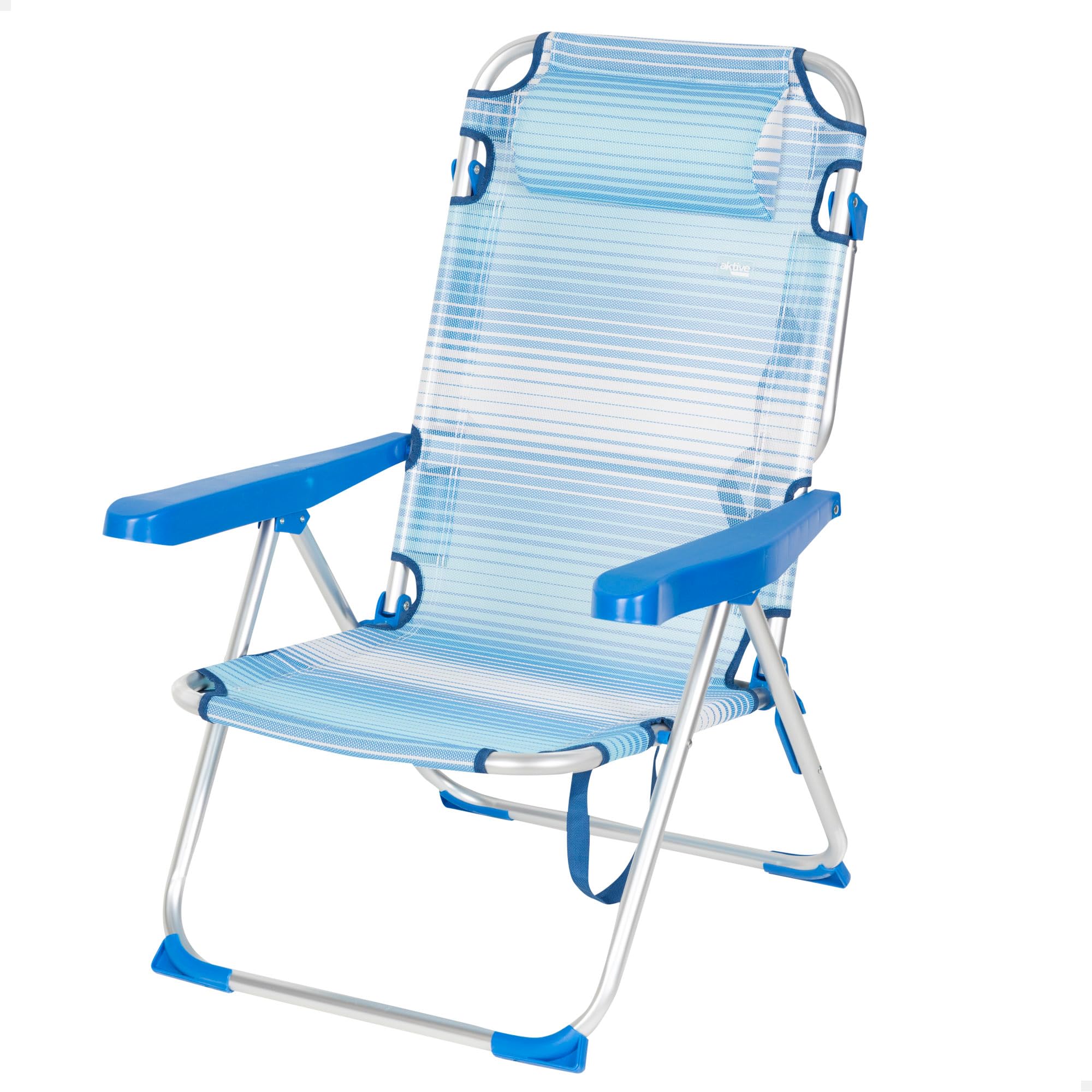 AKTIVE Silla Playa Plegable, 5 Posiciones, Azul Rayas, 48x60x90 cm, Incluye cojín Acolchado, Asa Hombro, Soporta 110 kg, Topes antivuelco, Multiposición, Respaldo reclinable, Sillas Plegables (62672)