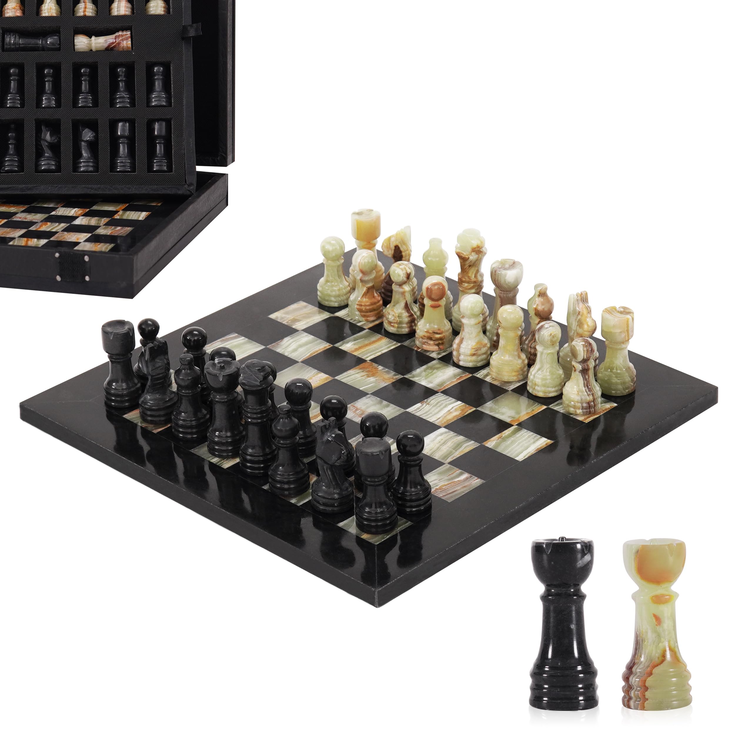 Marble Chess Set for Adults 10" Handmade Black & Green Onyx Board Game with 32 Chess Pieces, 2 Extra Queens & Storage Box, Luxury Travel Game, Elegant