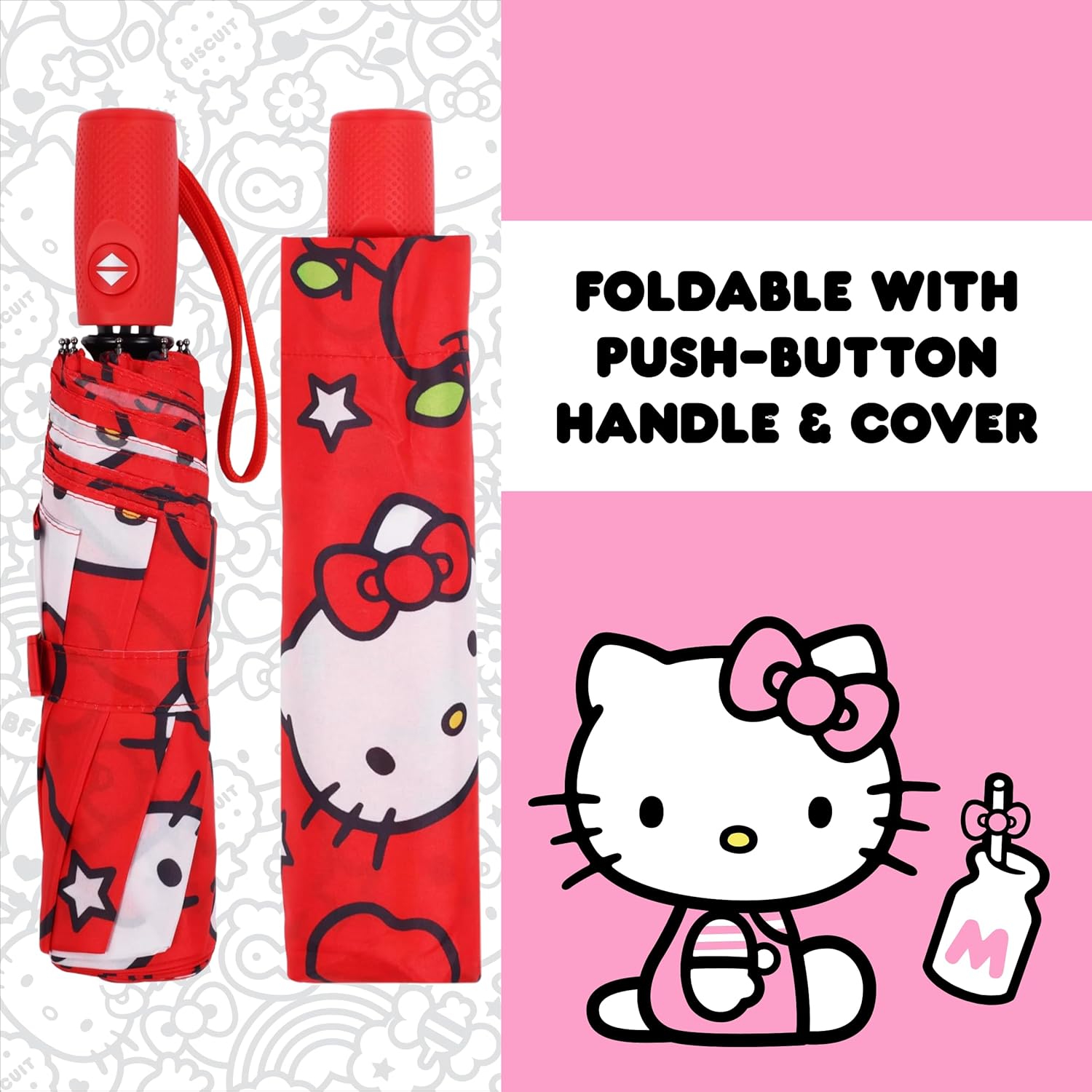 Hello Kitty Apples Umbrella, Compact Auto Open and Close, Durable Frame, Matching Sleeve, Red