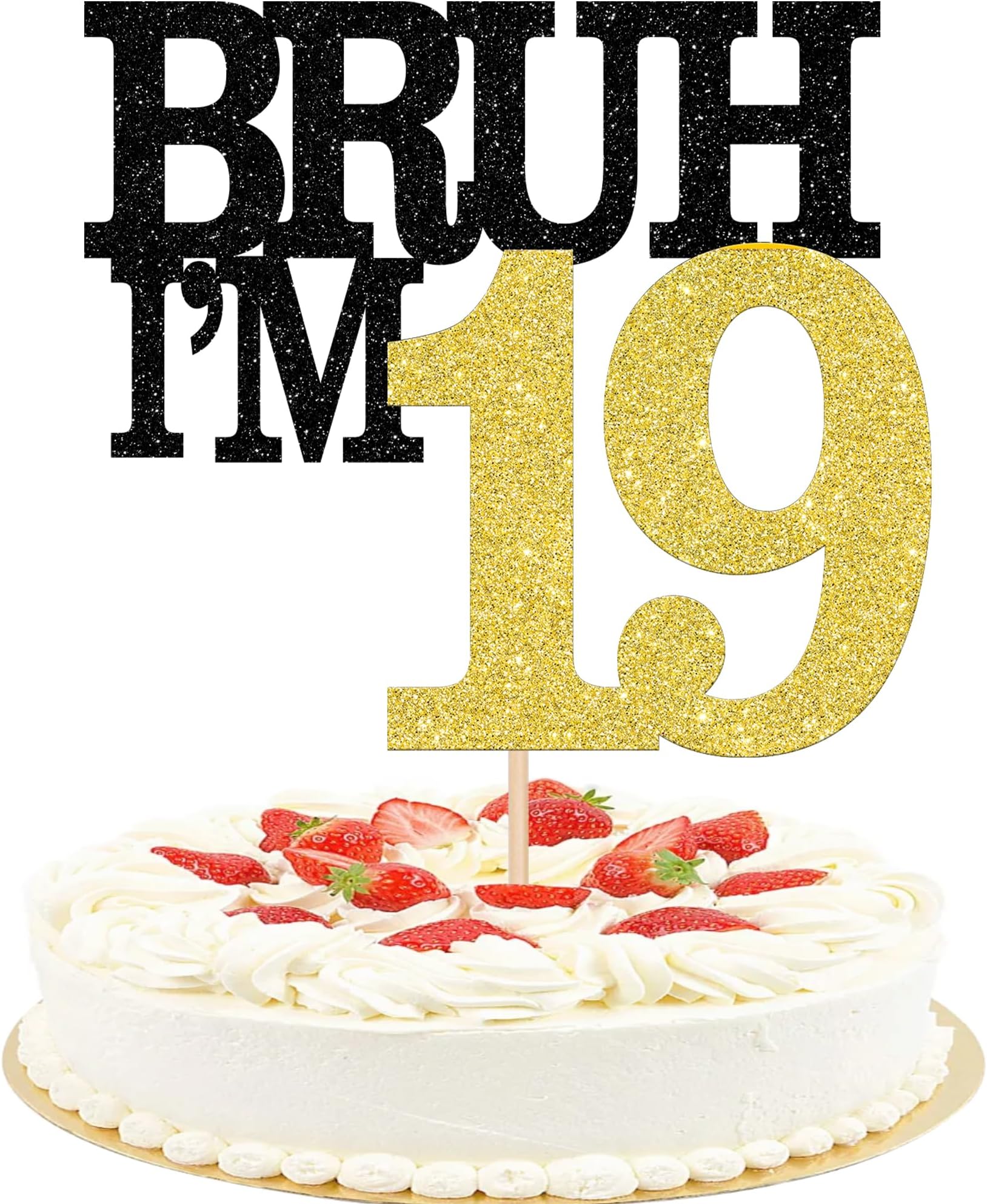 Rsstarxi 1 Pack Bruh I'm 19 Cake Topper It's My 19th Birthday Cake Decorations Cheers to 19 Years Old Cake Picks for Boys 19th Birthday Party Decorations Supplies Black Gold