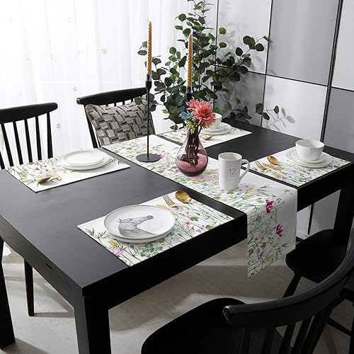 Miniatura 3 de Juego de manteles individuales florales con camino de mesa a juego de arpillera de algodón y lino 4 alfombrillas de lugar  camino de 16 x 72