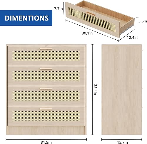 Miniatura 2 de Cozy Castle Cómoda bohemia de 4 cajones, cómoda de madera con asas de metal, cómoda moderna de ratán para dormitorio, roble