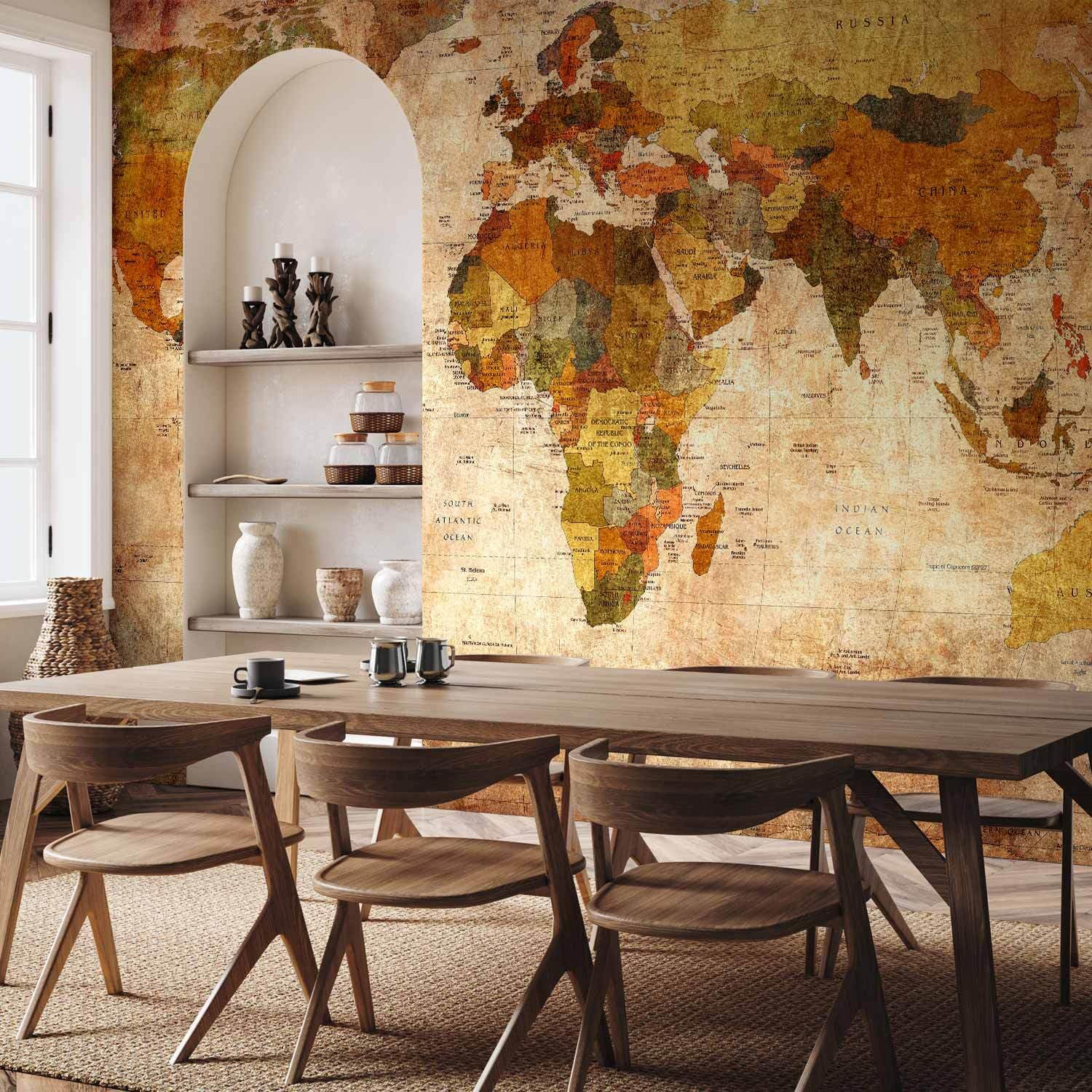 decomonkey Fototapete selbstklebend Weltkarte, 245x175 cm, Vintage Retro | Kontinente, Atlas, Landkarte, Selbstklebende, Tapeten, Wand, Fototapeten, Tapete, Wandtapete, klebend, Klebefolie