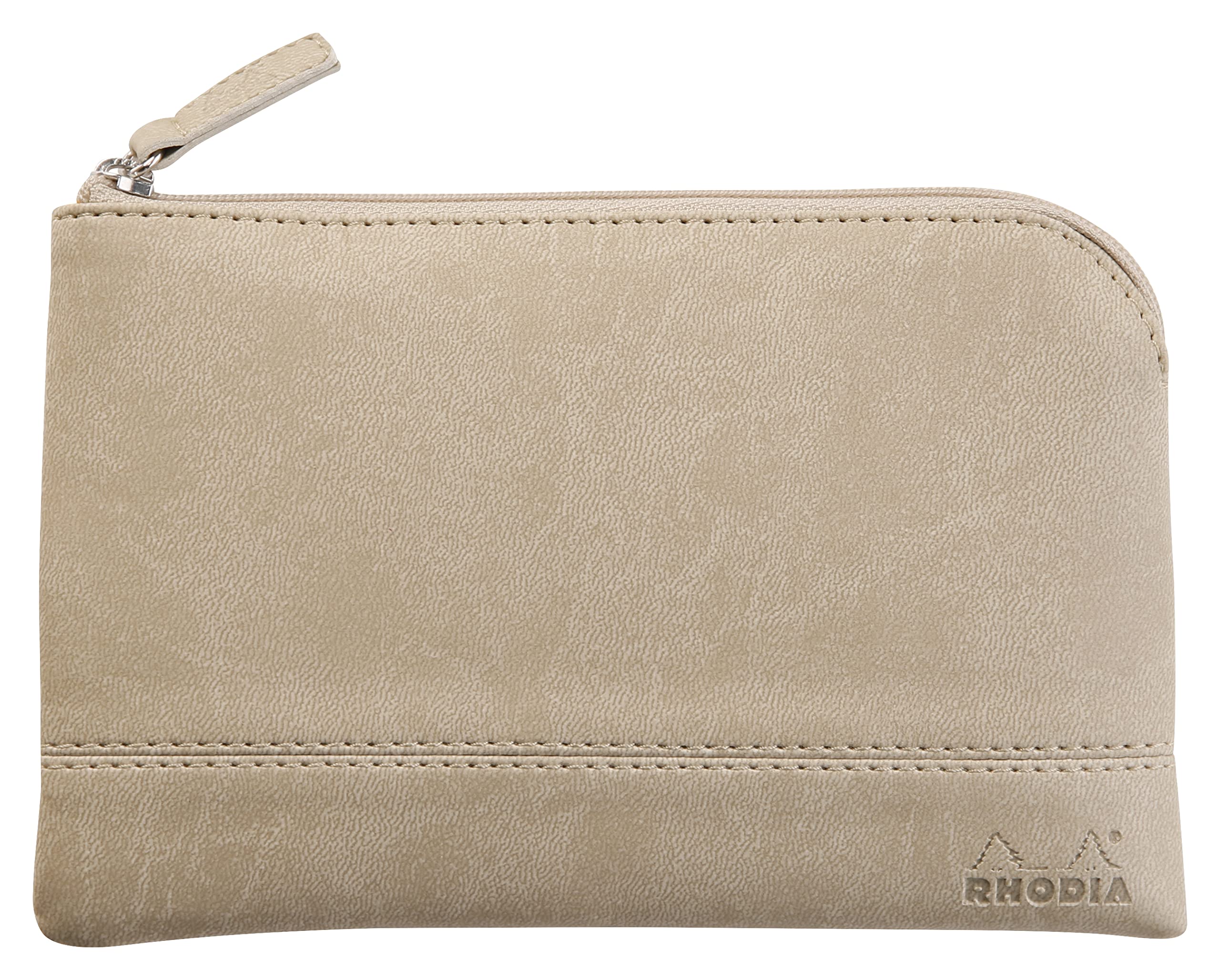 RHODIA 116526C, Faux Leather Zippered Pouch, Beige, Size S (11 x 17 cm), Genuine Stitching, Orange Fabric Inside
