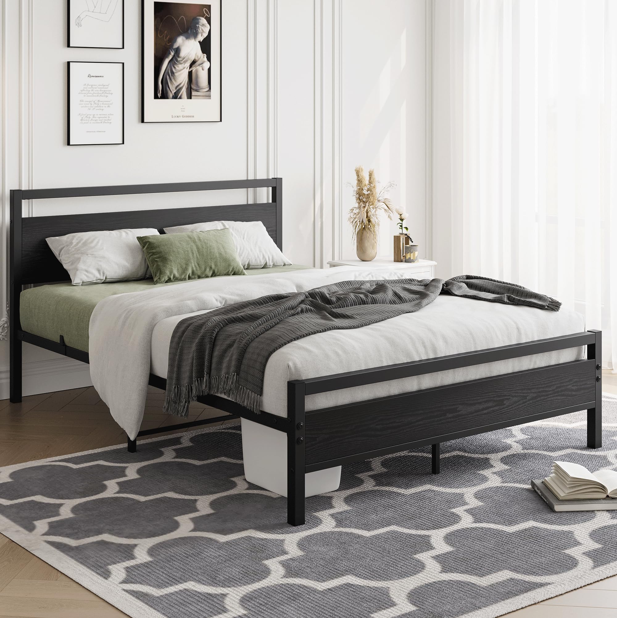 HOJINLINERO Telaio letto in metallo legno, struttura letto in metallo, 120 x 200 cm, con rete a doghe, letto matrimoniale per ragazzi con spazio di archiviazione, colore nero