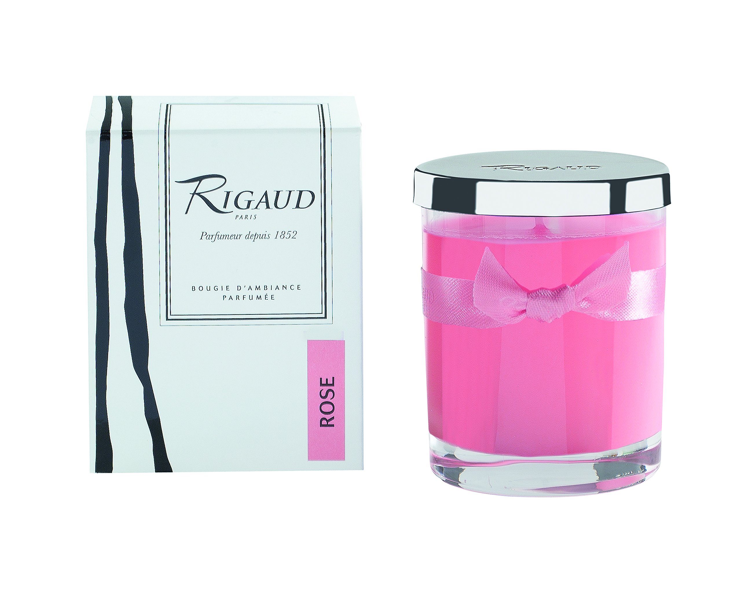 Rigaud Paris, Rose Bougie D'ambiance Parfumee, Small Candle "Modele Complet" w/Metal Silver Snuffer Lid, Light Pink / Rose, 2.6" Tall, 28 Hours, Made in France