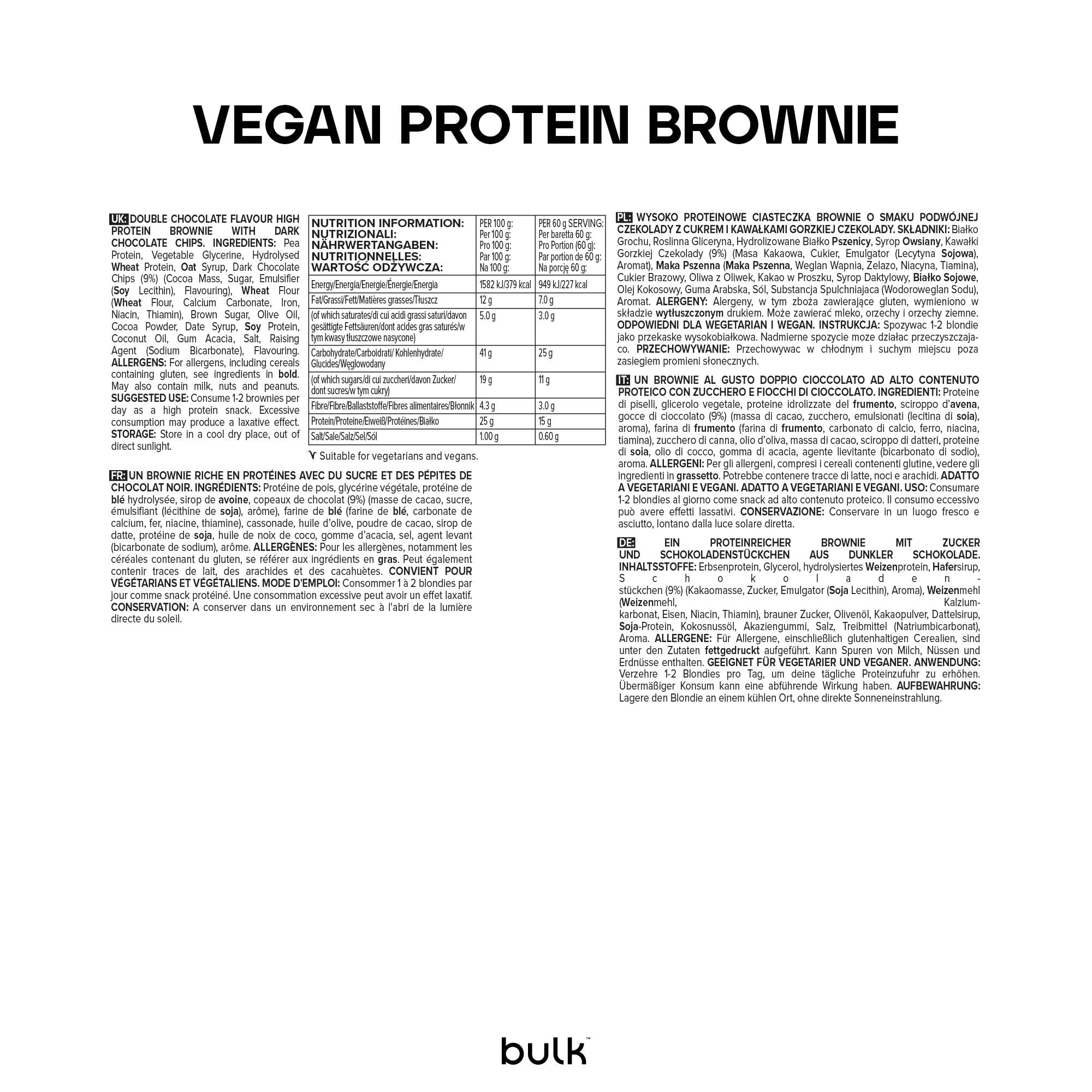 Bulk Vegane Protein Brownies, Schokolade, Pack of 12, 12 Portionen, Verpackung Kann Variieren