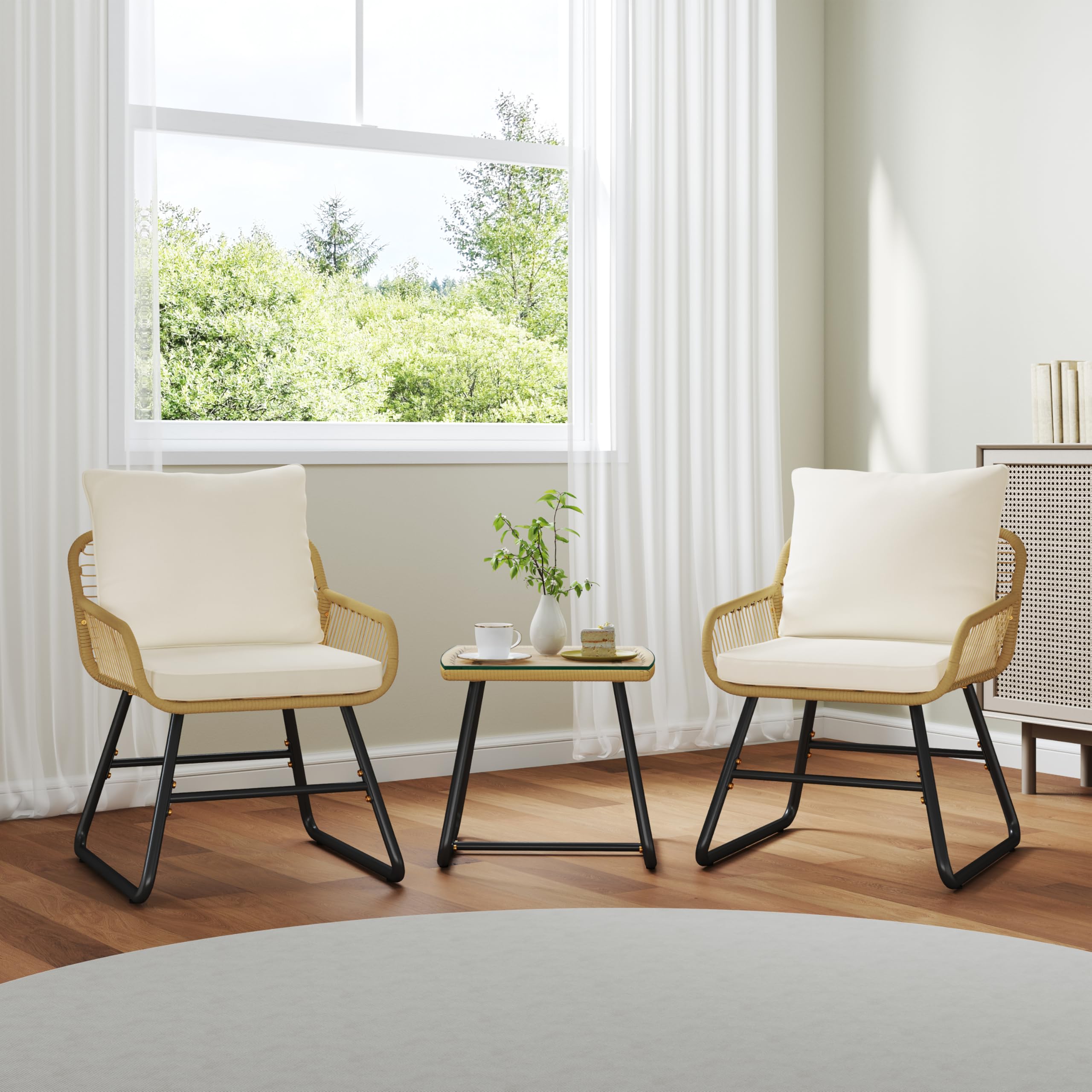 Yaheetch - Ensemble de 3 Meubles de bistrot en polyrotin avec 2 chaises - Petit Balcon, Salon de Jardin, extérieur, Marron Clair et Blanc crème