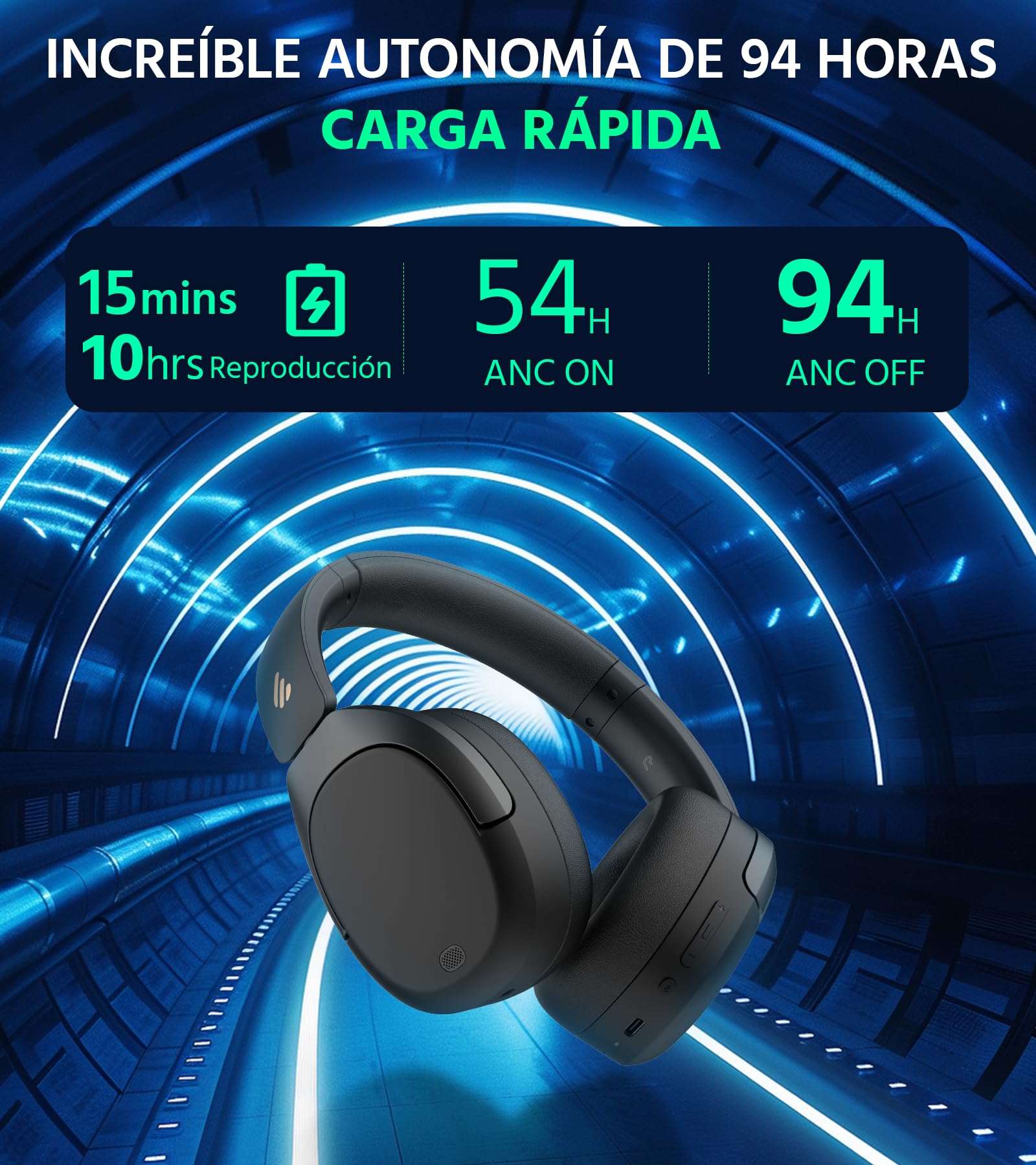 Edifier W830NB - Auriculares inalámbricos con -45 dB ANC, batería de 94 Horas, Sonido LDAC Hi-Res, Audio Espacial, Carga rápida, Bluetooth V5.4, Color Negro