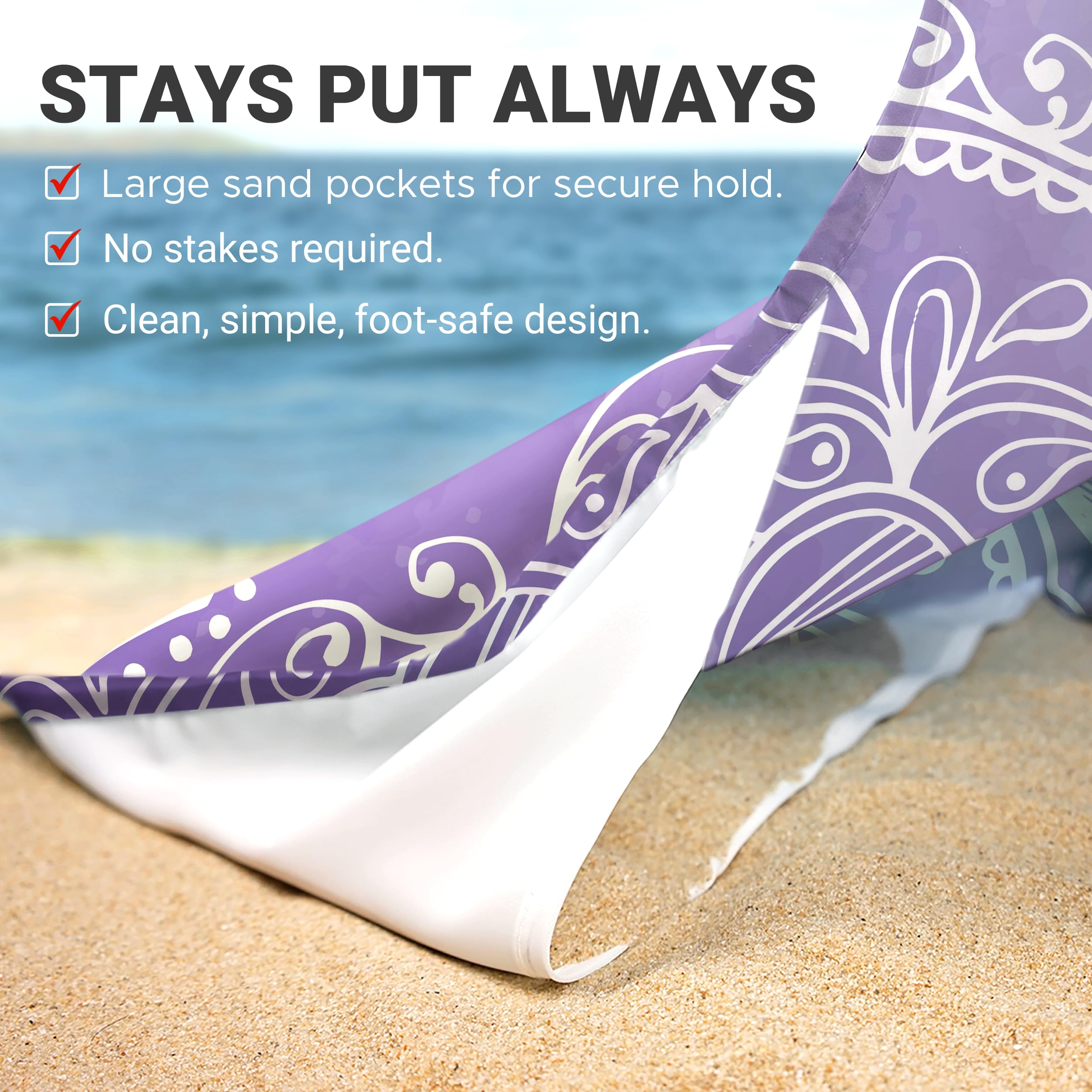 Sunlit Couverture de Plage Douce et Soyeuse de 215,9 x 182,9 cm, Tapis Anti-Sable avec Poches d'angle et Sac en Maille pour fête de Plage, Voyages, Camping et Festival de Musique en Plein air, Motif