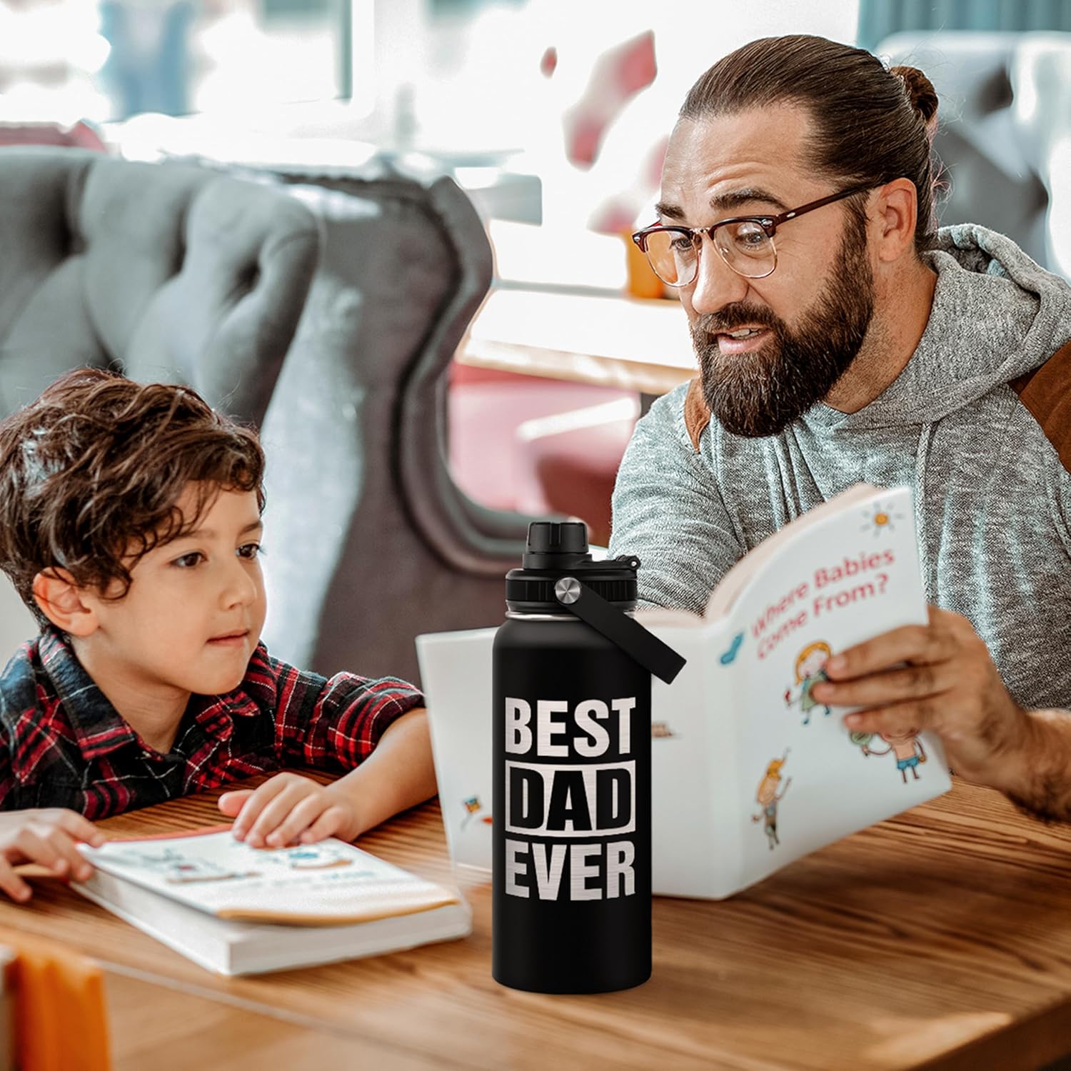 Best Dad Ever Water Bottle 32oz - Stainless Steel Insulated Sports Bottle with Straw Lid, Gifts for Father from Daughter Son