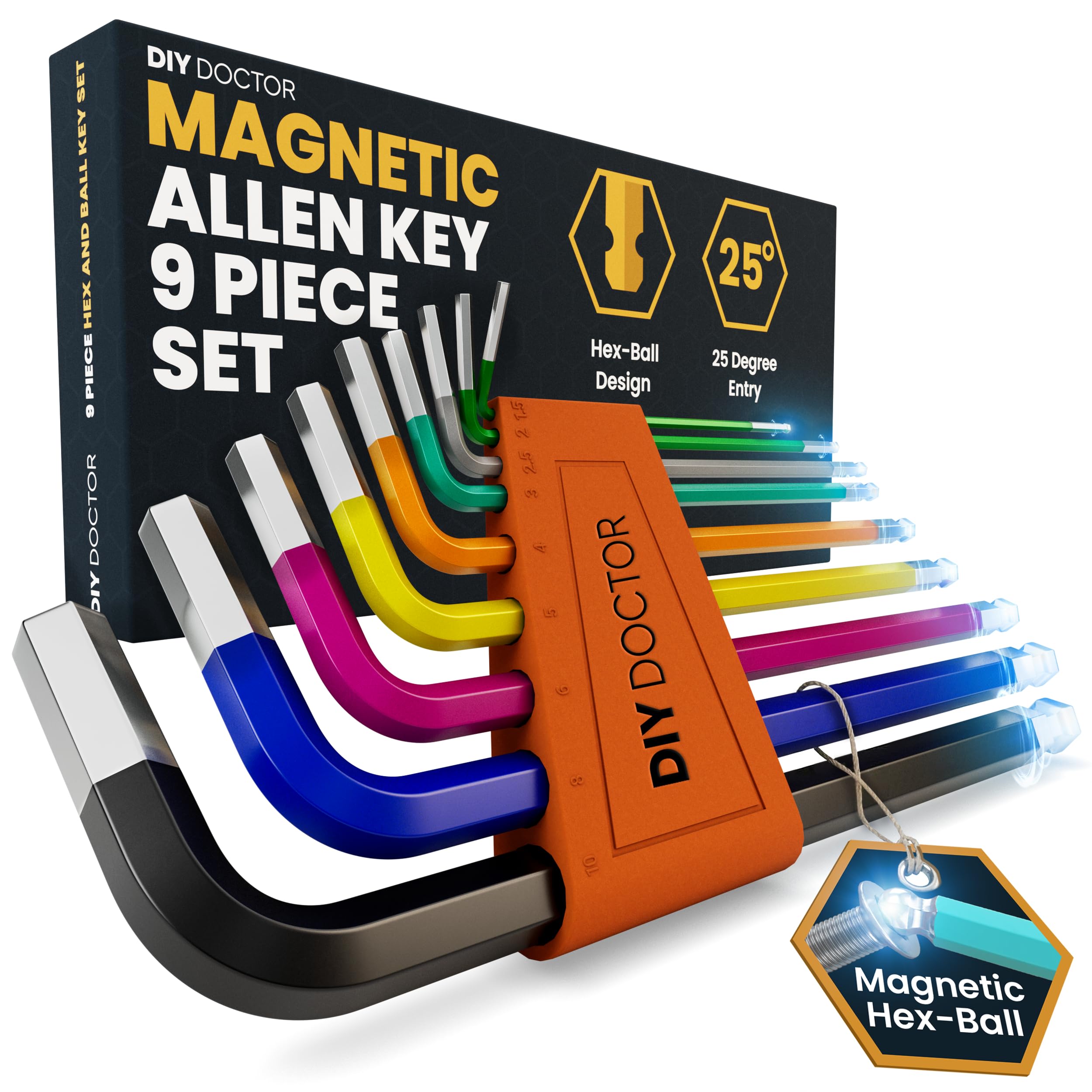 DIY Doctor Hex Key Set with Magnetic Ball-End – 9pc Allen Key Set 1.5–10mm – Colour Coded Long Arm CRV Steel – Metric Alan Keys for Bike, Home & Furniture Repairs
