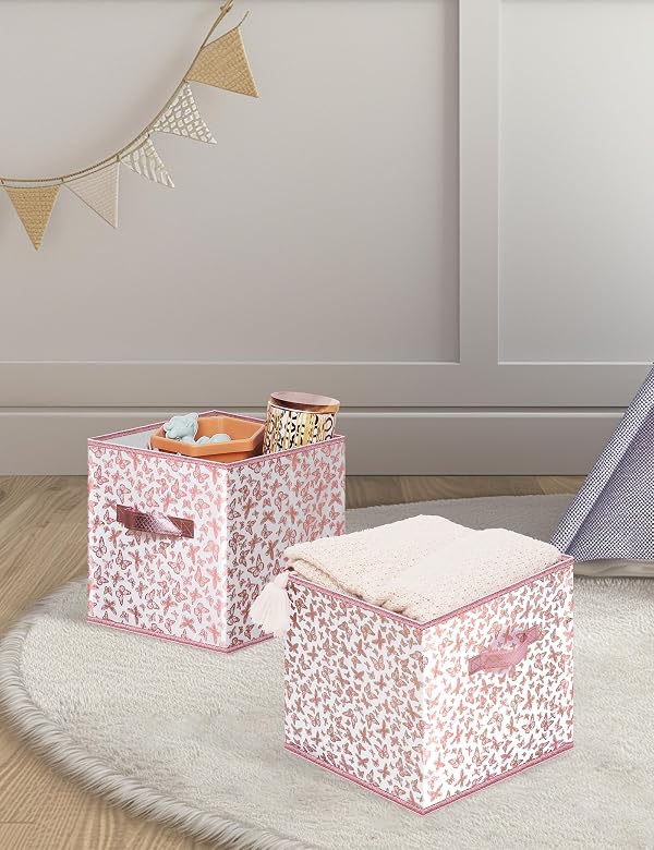 MYTHAUS Collapsible Fabric Storage Cubes, 11 Inch Pink Cube Organizer Bins with Dual Handles&Tags, 4-Pack Storage Boxes for Cubby Shelf Closet, Rose Gold Butterfly by MYTHAUS - Image 7