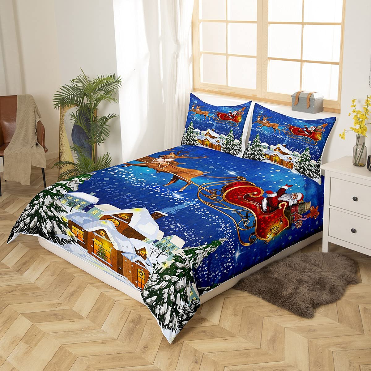 Zestaw pościeli bożonarodzeniowej 155 x 220 cm, Święty Mikołaj i łoś, jeleń, płatek śniegu, poszewka na kołdrę do sypialni, motyw bożonarodzeniowy, pocieszyciel/poszewka na kołdrę z 2