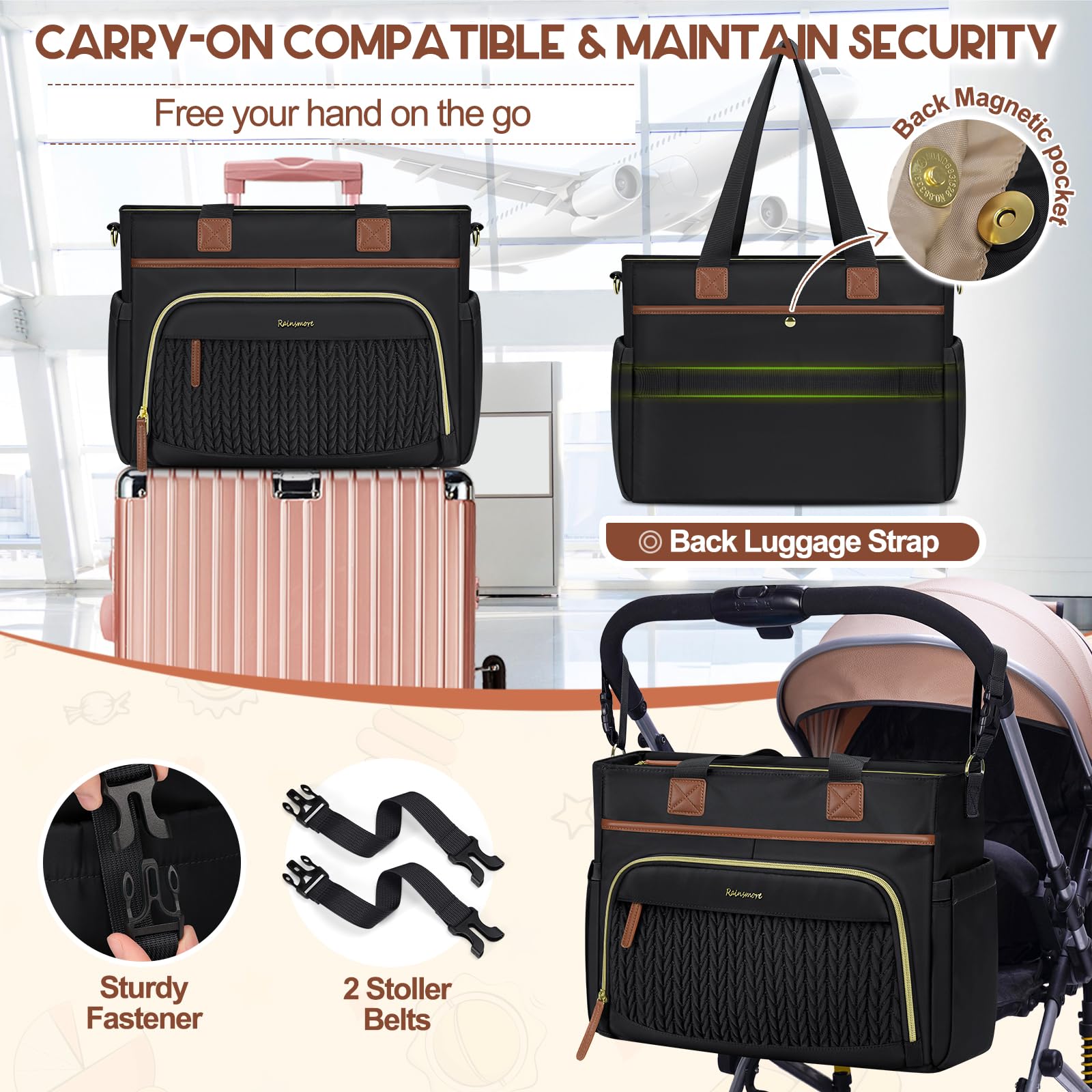 RAINSMORE Sac à langer fourre-tout pour bébé avec étui à tétine, grand sac à langer de voyage pour maman et papa, sac multifonction pour bébé