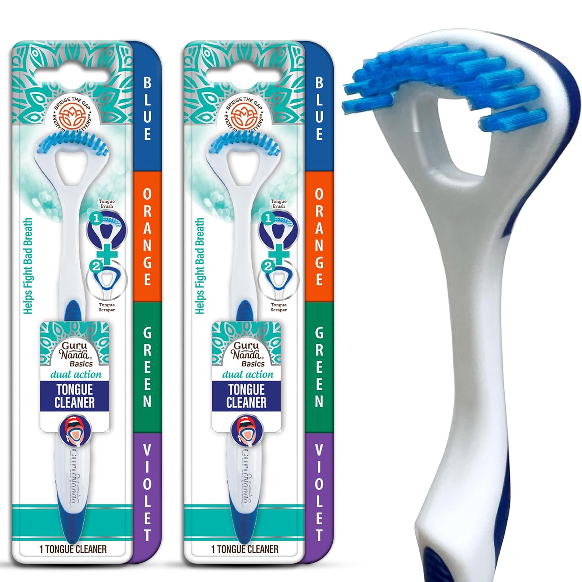 GuruNanda Dual Action Tongue Scraper (2 Pack), 2-in-1 Tongue Scraper &amp; Soft Bristled Brush, Deep Cleans &amp; Fights Bad Breath - Color Varies