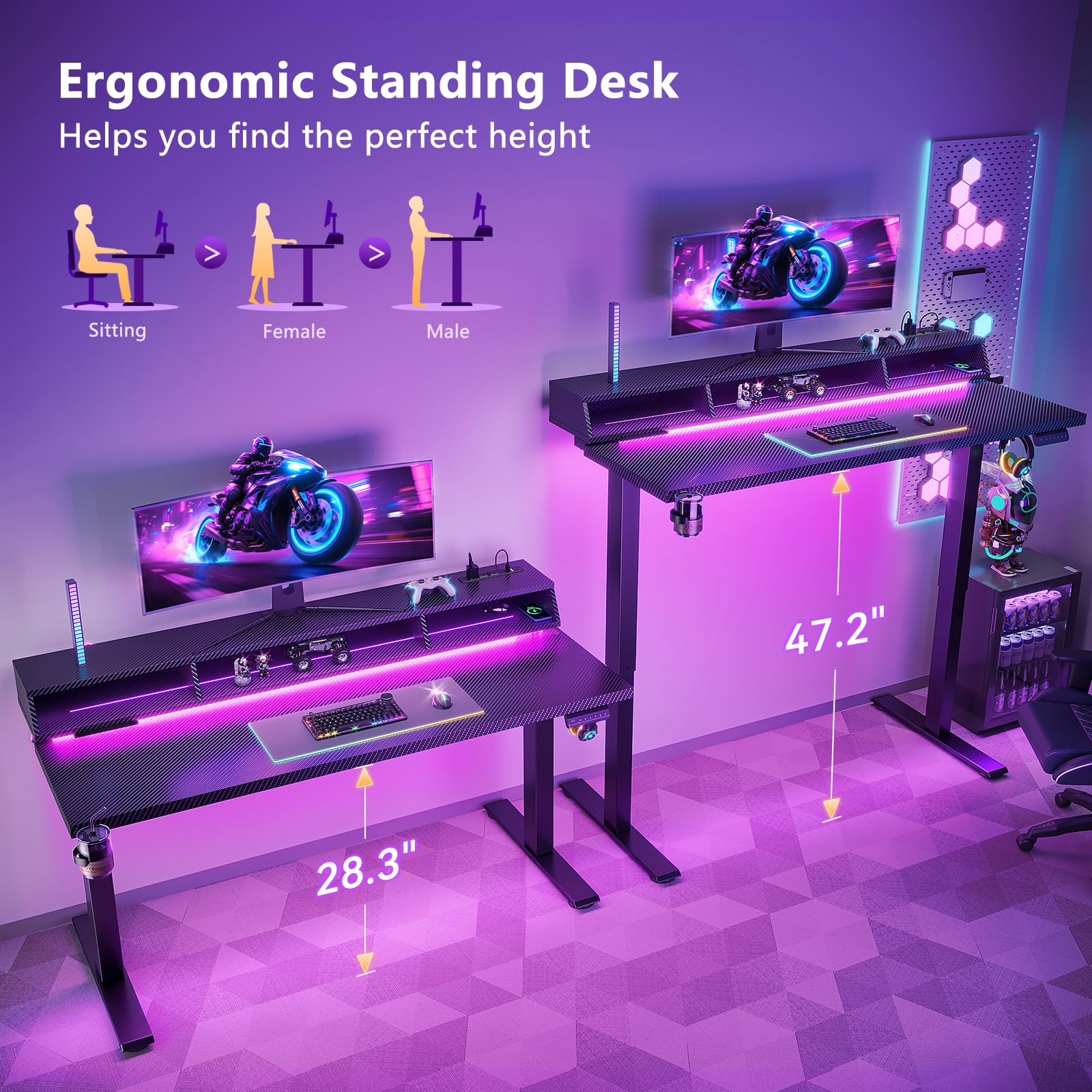 OffiGo Gaming Standing Desk with LED Light 55 Inch Electric Height Adjustable Table with Power Outlet Monitor Stand — view 7