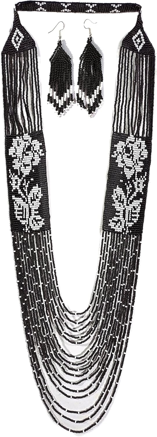 Layered Beaded Necklace – Boho Native Handmade Seed Bead Tassel Necklace, Bohemian Large Statement Beaded Necklace for Women (Multicolor)