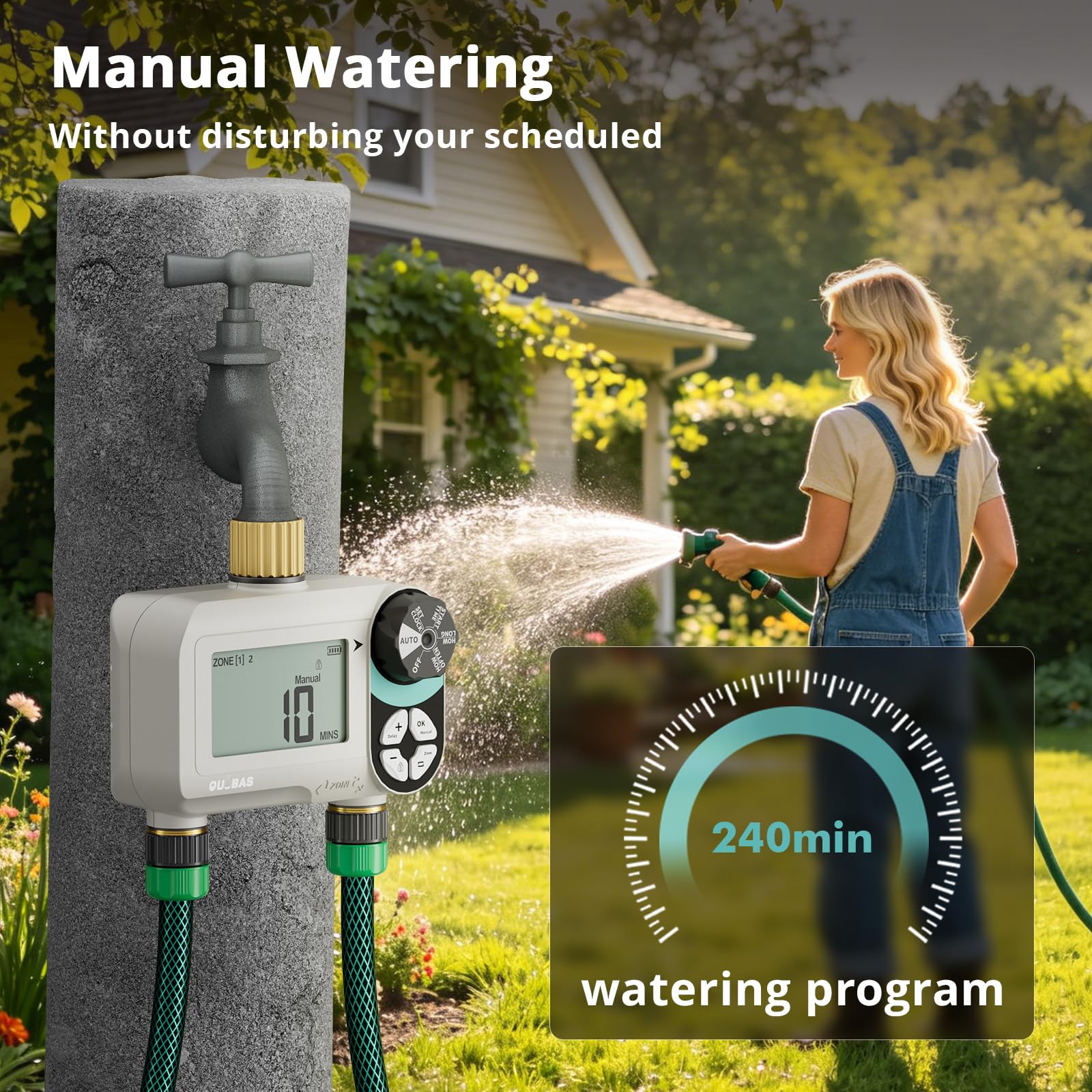 QUOBAS Timer per irrigazione a pressione zero con blocco bambini, timer programmabile per tubo da giardino con porte in ottone, sistema di irrigazione manuale o automatico, 2 zone di irrigazione per