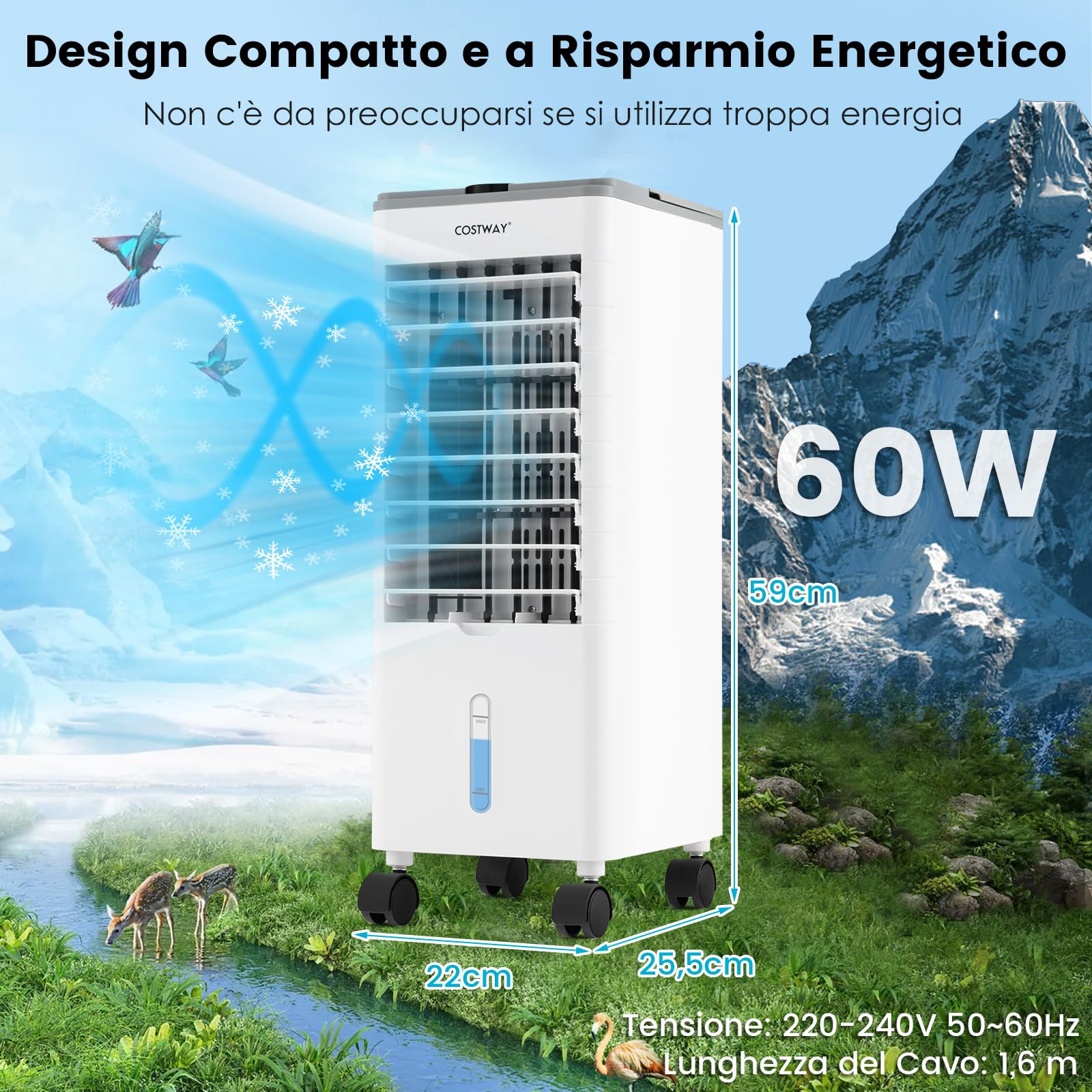 COSTWAY Condizionatore Portatile 3 in 1, Condizionatore d'aria Evaporativo portatile con Raffreddamento, Ventola e Umidificazione, 3 Velocità del Vento, 12H Timer, Doppio Serbatoio d'acqua(Grigio)