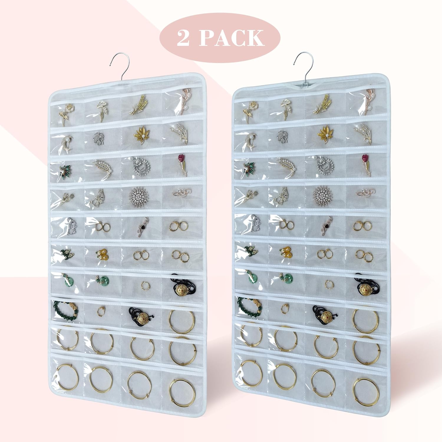 80 Pocket Hanging Jewelry Organizer with Hanger Metal Hooks Storage On Wall Door Closet Double-Sided(Each Side 40 Pockets) Jewelry Holder for Earrings, Necklaces, Rings (White+White) image 3