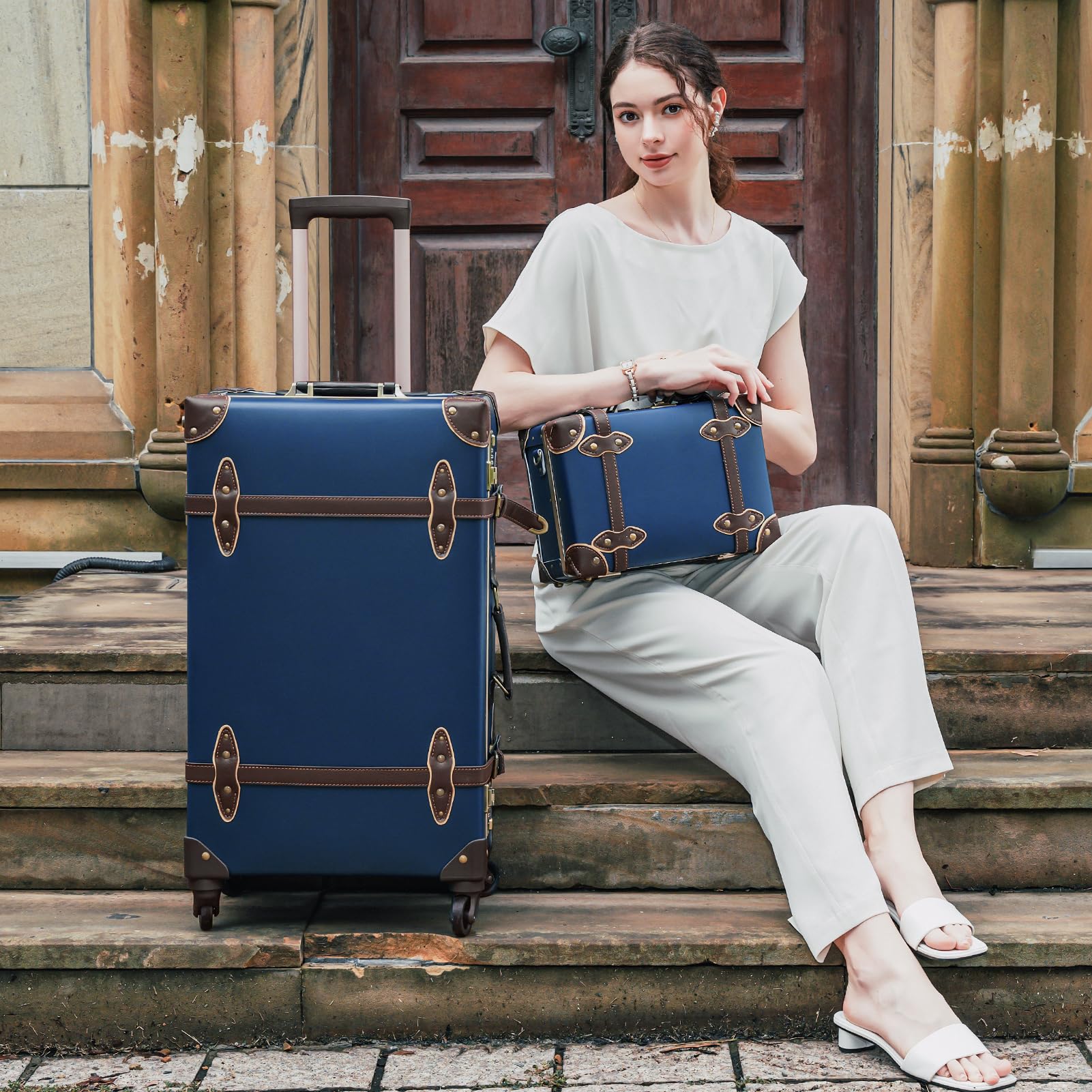 Urecity Valigia Vintage con Ruote Trolley Valigia da Viaggio Valigia Leggera Stile Retrò Valigia a Guscio Duro 2-Pezzi con Valigia Piccola da 12 Pollici, Blu, S(12")+L(26"), Vintage