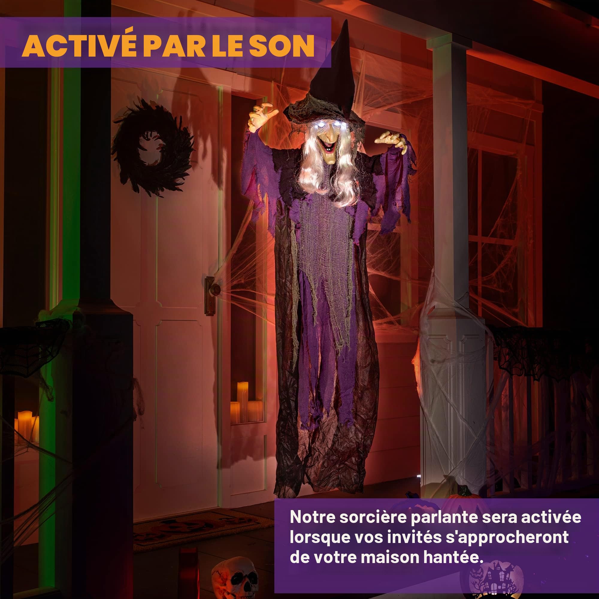 JOYIN Décoration de sorcière parlante animée à Suspendre avec Yeux Lumineux et Fonction d'activation sonore pour Halloween, décoration de Maison hantée,décoration de pelouse 182,9 cm