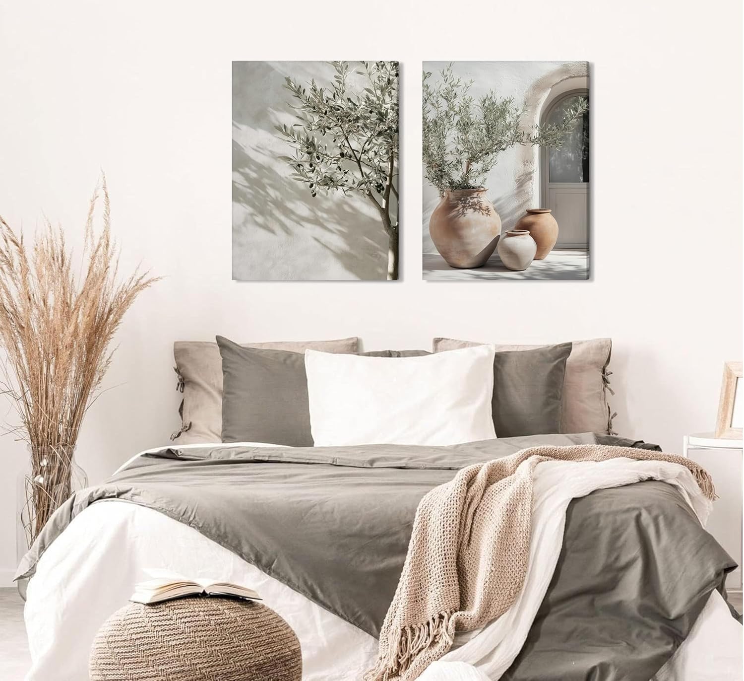 Vintage Vase Canvas Wall art Rustic Farmhouse Green Olive Branch Pictures Wall Decor Antique Still Life Plant Poster Retro French Country Painting Print Artwork for Living Room Bedroom Kitchen, Framed
