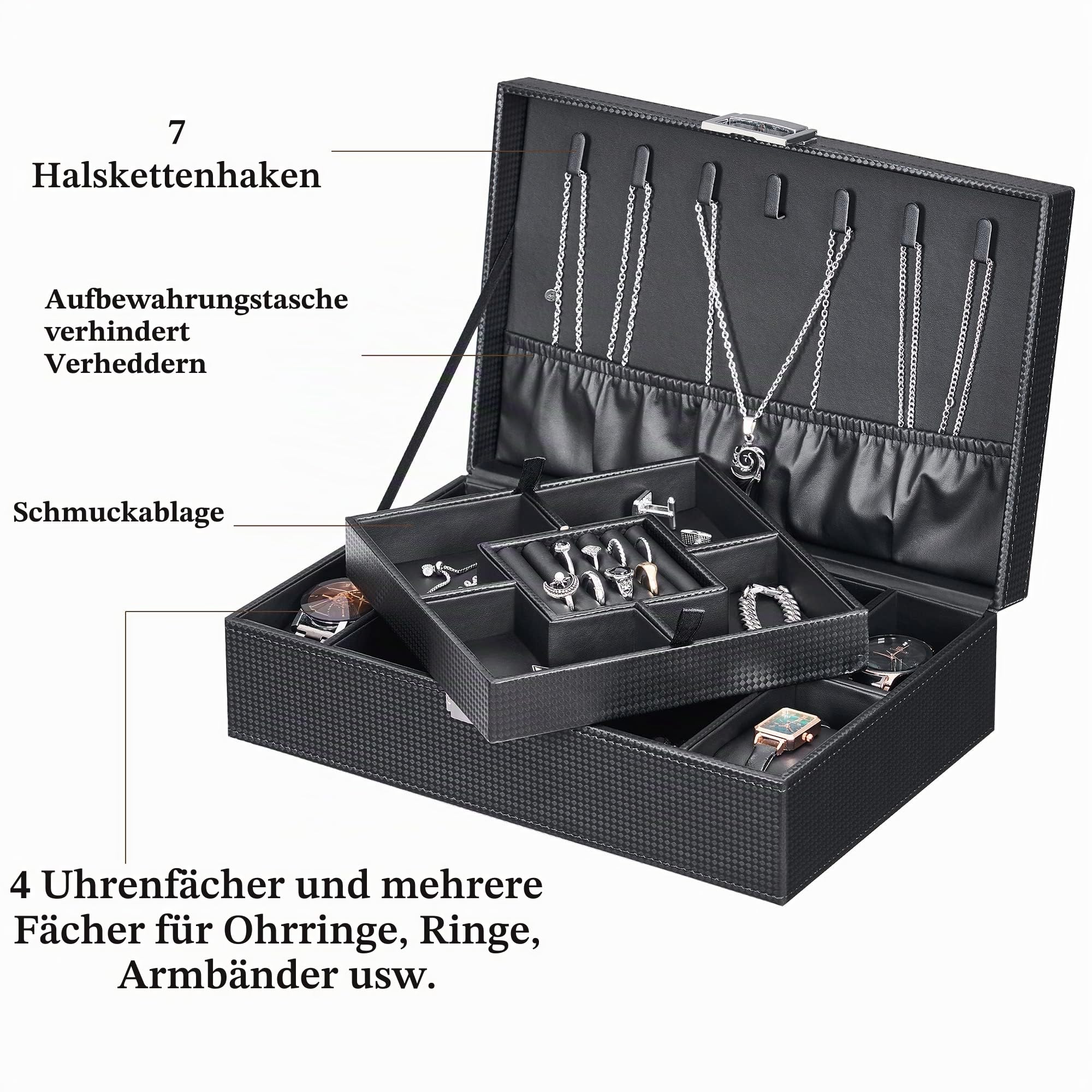 BEWISHOME Schmuckkästchen für Herren, Schmuckkästchen für Männer und Frauen mit 4 Uhrengehäusen, abnehmbares Tablett, Schmuck-Display-Aufbewahrungsbox, Armbandgehäuse, Schwarz SSH07C