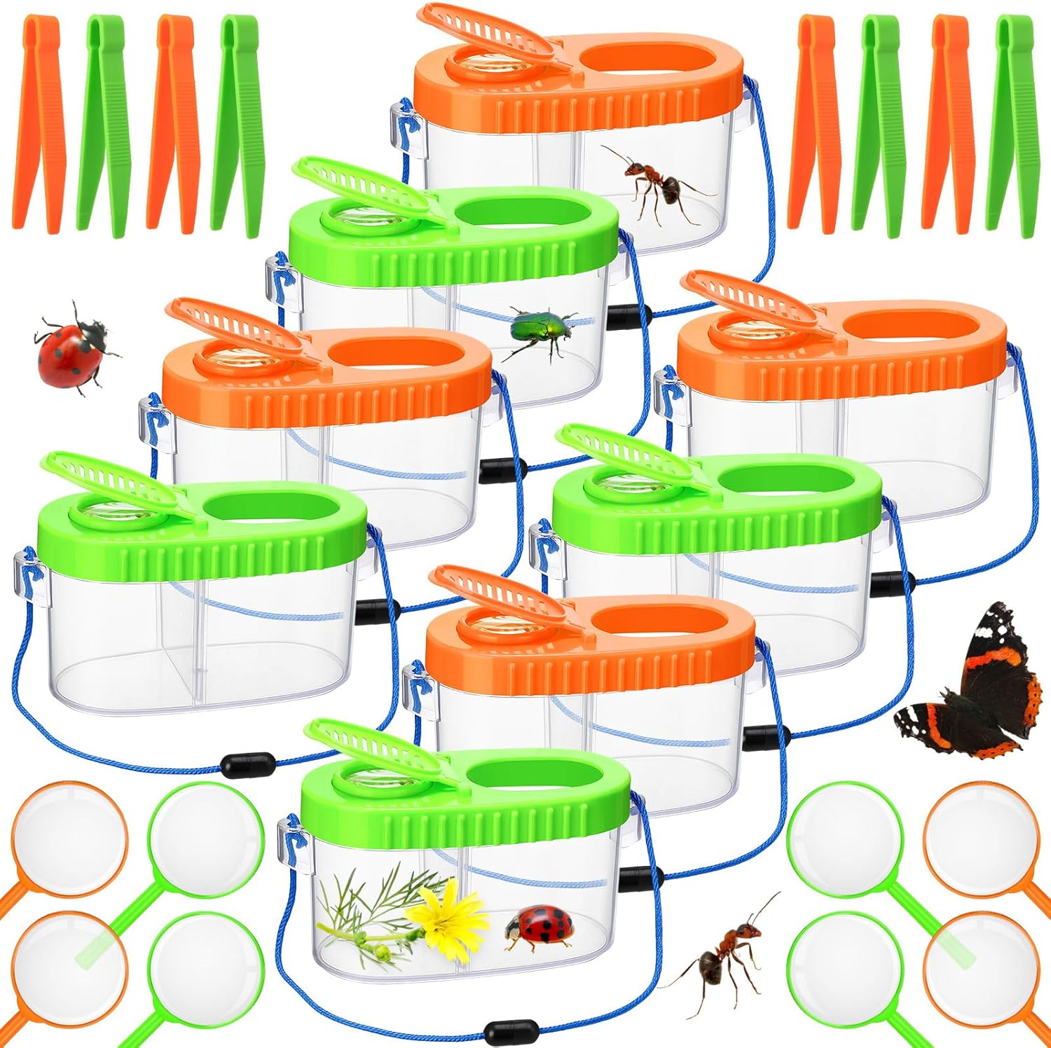 Halloscume 8 Pack Bug Catcher Kit Outdoor Toy Gift for Kids with Bug Containers Magnifying Glass Tweezers Collection Kit Kid Outdoor Explorer(Yellow, Blue)