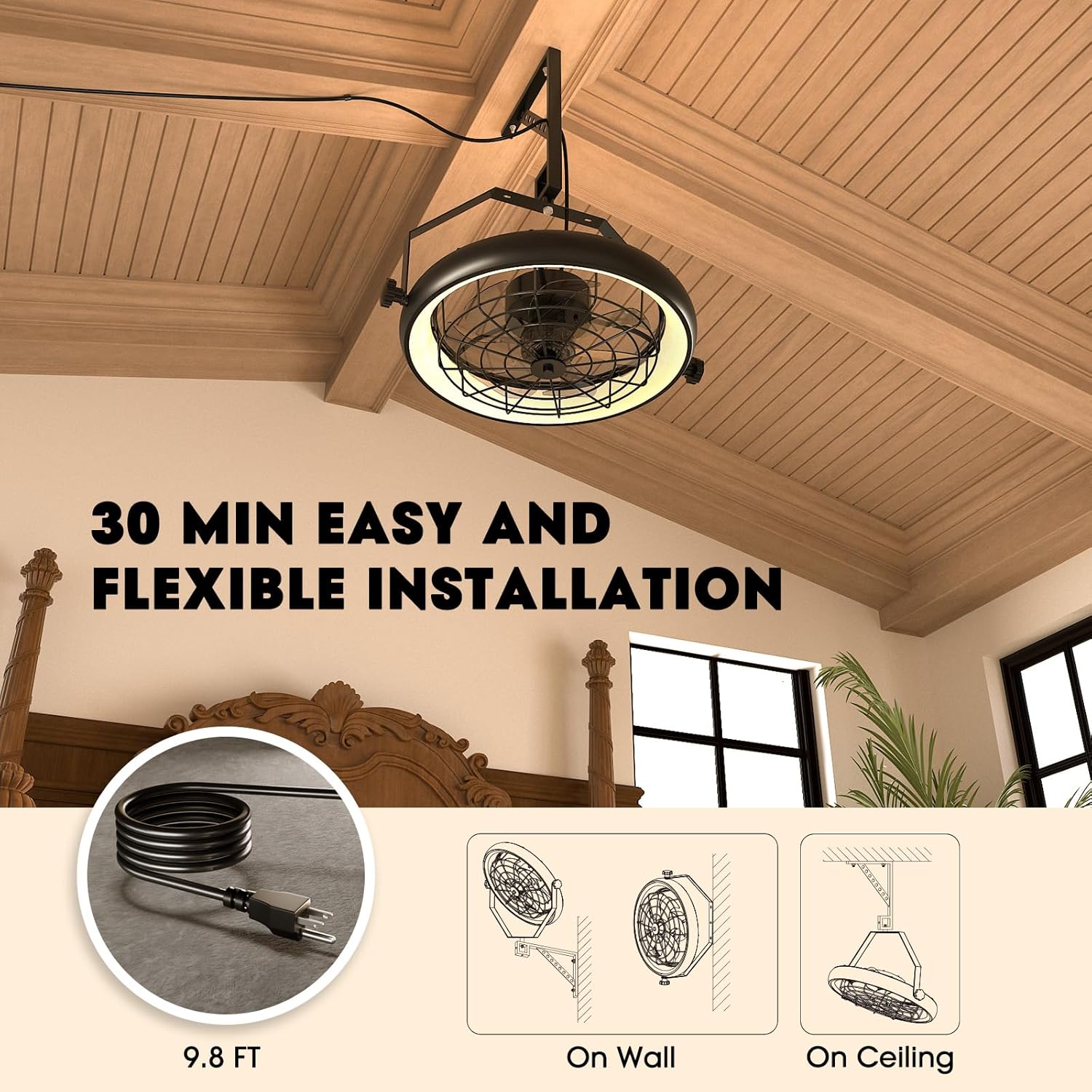 Wall Mounted Fan with Lights, 23” Wall Mount Fan with Remote, 6 Speeds Plug in Wall Fan, Reversible, 3CCT, Dimmable, Noiseless, 360°Adjustable Tilt for Workshop, Patio, Home