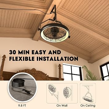 Wall Mounted Fan with Lights, 23 Wall Mount Fan with Remote, 6 Speeds Plug in Wall Fan, Reversible, 3CCT, Dimmable, Noiseless, 360Adjustable Tilt for Workshop, Patio, Home