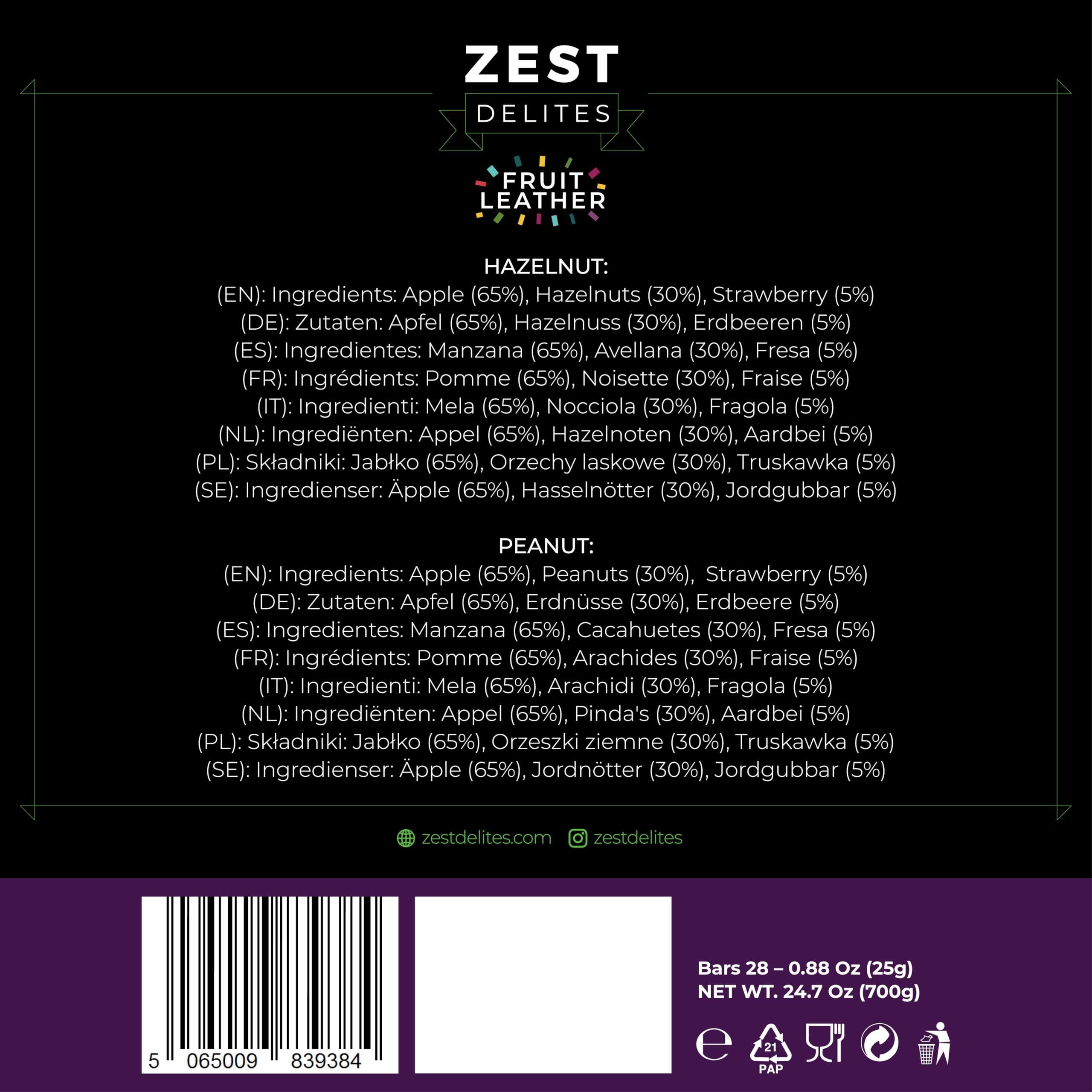 Zest Delites Rollitos de Fruta, Con Frutos Secos, Snacks de cuero de Fruta y Nueces, Fruta Deshidratada, Vegano, Sin Gluten, Aperitivos Saludables, Paquete Variado 25 g x 28