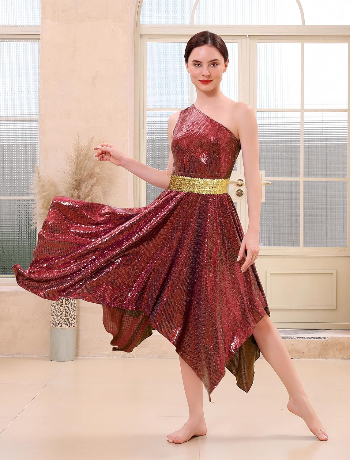 ODASDO Praise Dance Overlay Dress for Women Shiny Sequin One Shoudler Tunic Overlay Dresses Worship Liturgical Dancewear - Image 6