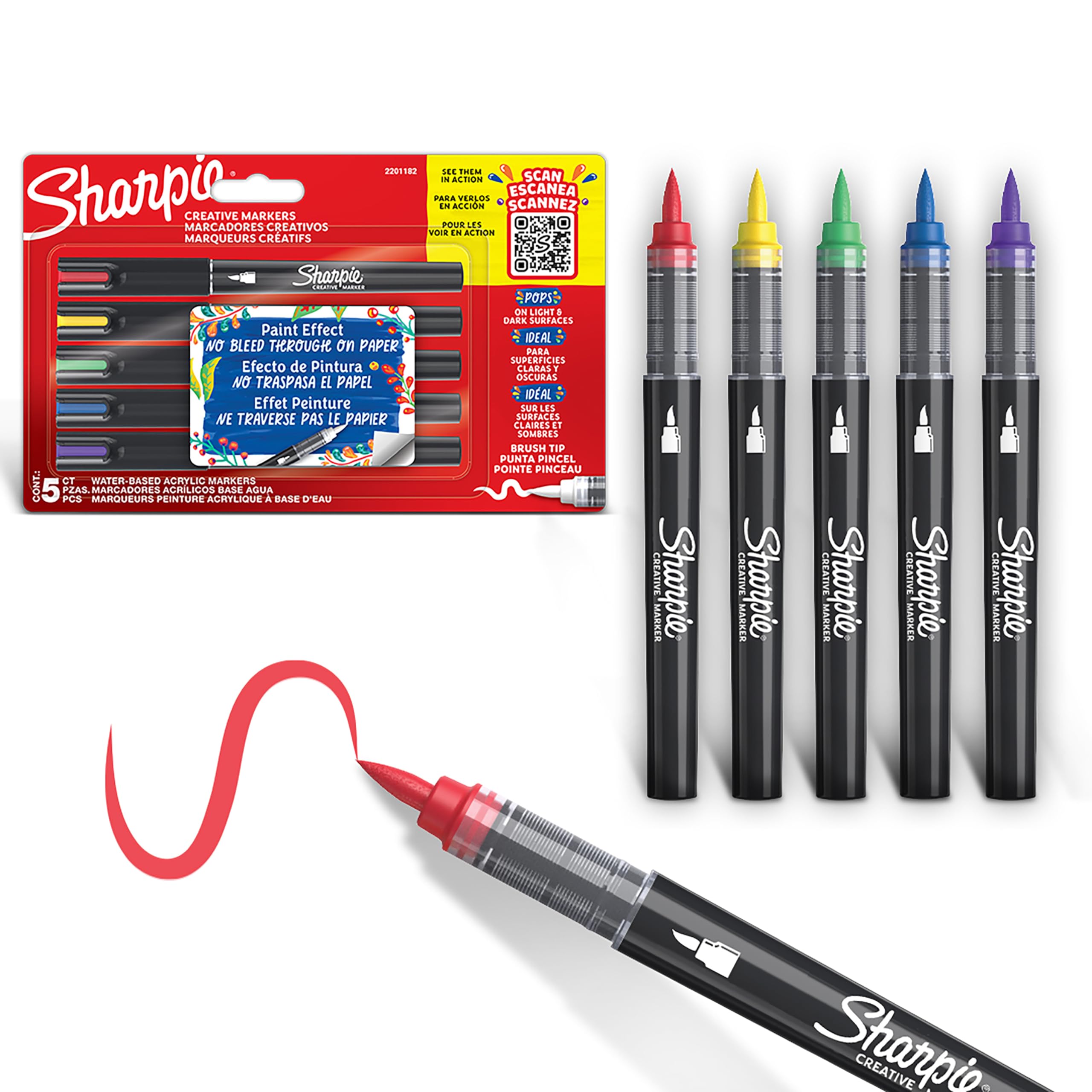Rotuladores acrílicos creativos de Sharpie | Rotuladores al agua con punta de pincel | Tinta sin borrones | Escribe en la mayoría de superficies | Colores surtidos | 5 unidades