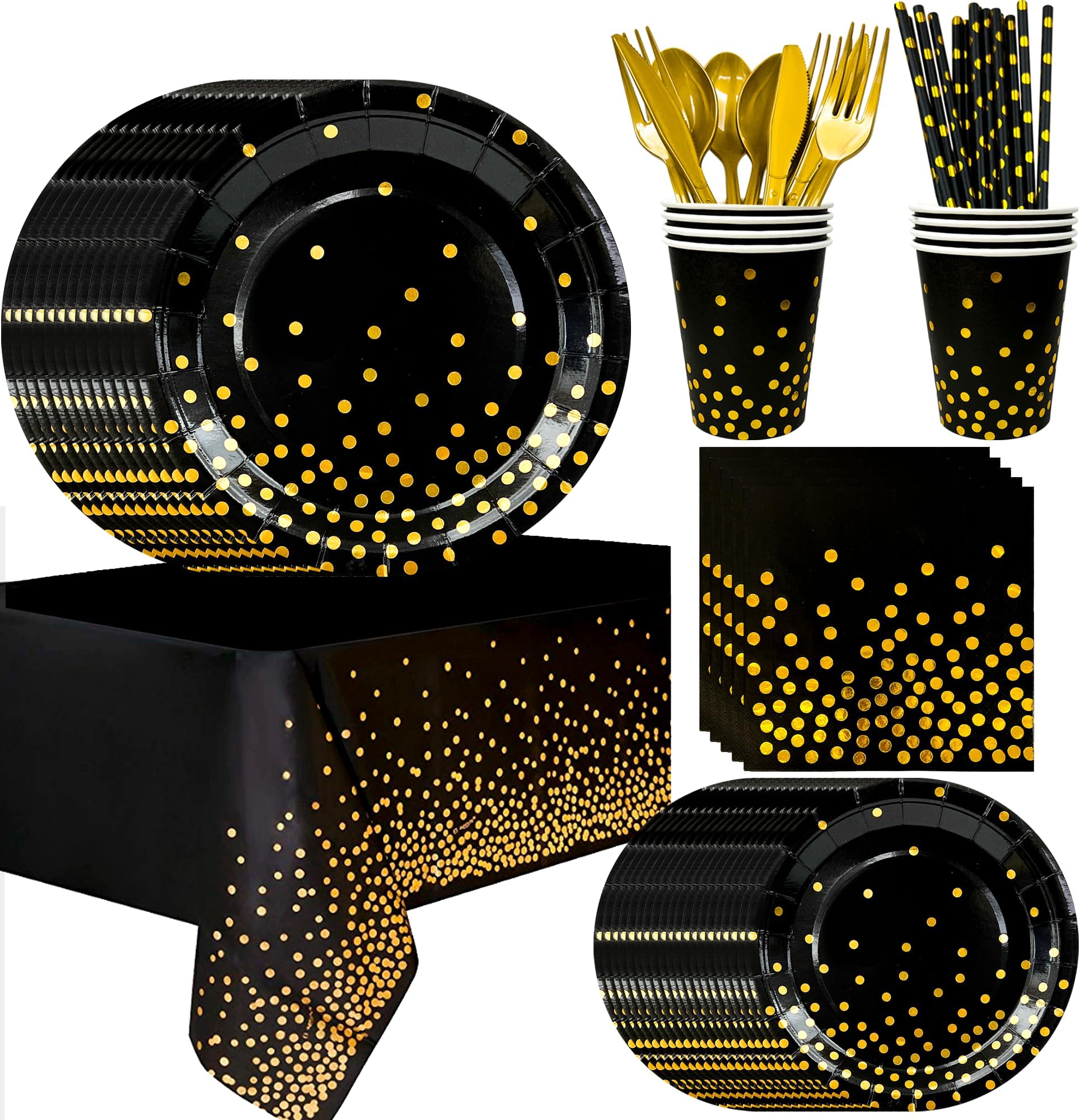 Black Gold Party Tableware,193pcs Black and Gold Dot Paper Party Tableware Set Black and Gold