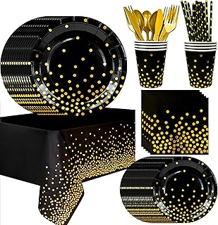 Black and Gold Party Decorations Tableware,193pcs Black Gold Polka Dot Tableware Set - Black and Gold Paper Plates&Black Golden Dot Paper Cups&Black and Gold Table Cover etc Black Gold Party Supplies
