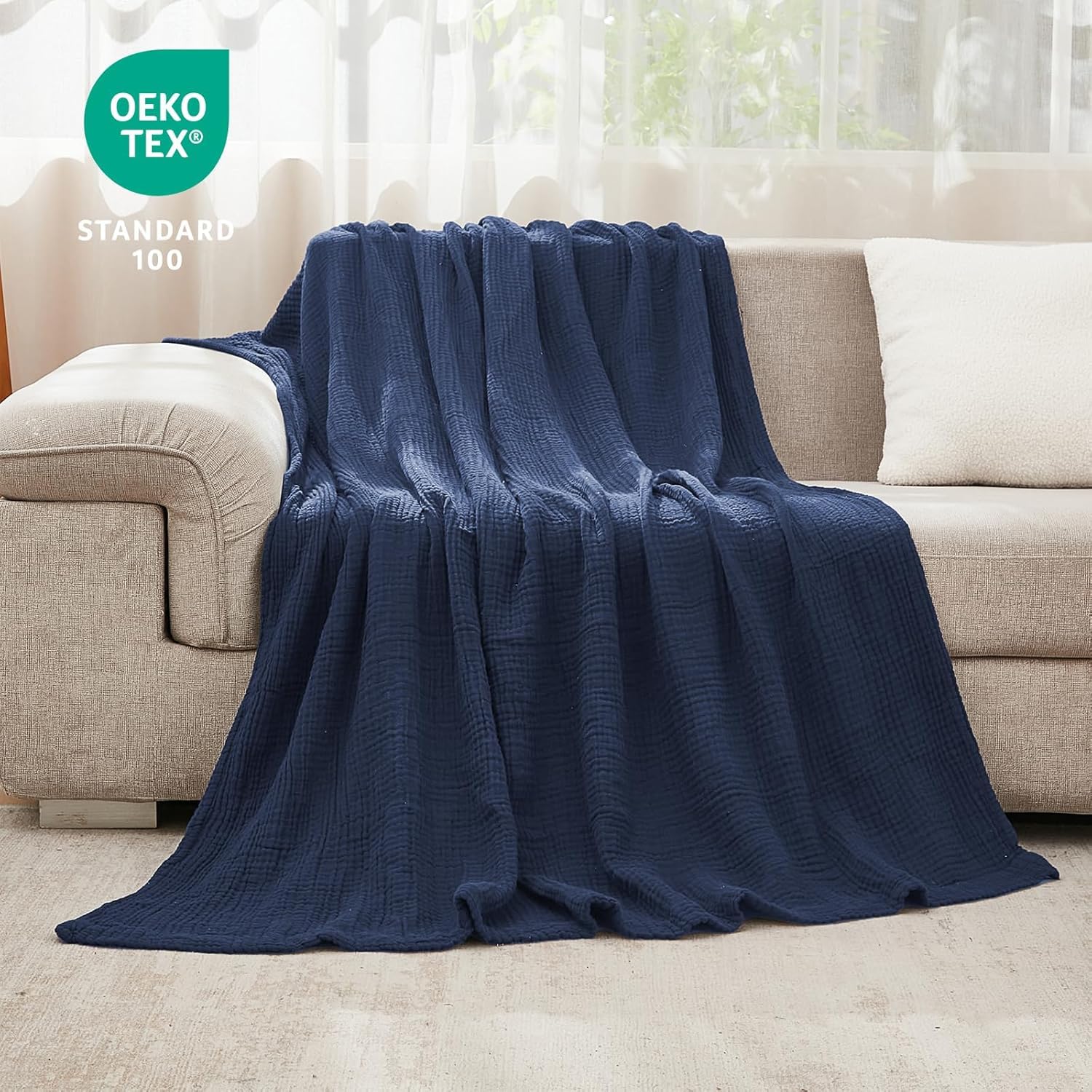 EMME Musselin-Decke 230x230 Baumwolle Oeko-TEX Erwachsene Tagesdecke,Navy | Sommer-Überwurf Decken Für Bett Atmungsaktive Gaze-Decke Ganzjährig Weich & Leicht Vorgewaschene Baumwolldecke Bettdecke