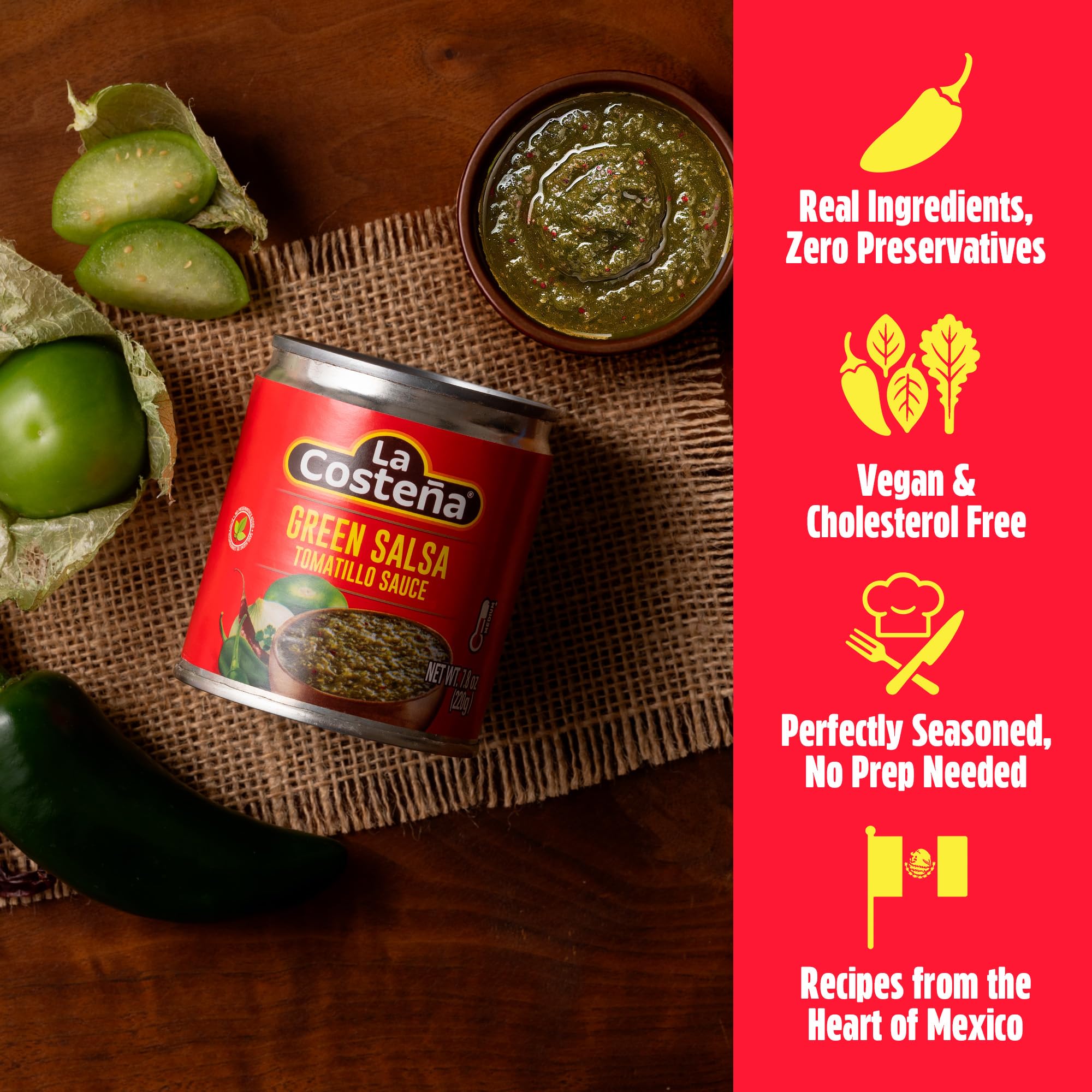 LA Costeña Salsa Verde | Grüne mexikanische Salsa mit Tomatillos, Jalapeños und Chile de Arbol Paprika | mittlere Hitze | 220 ml Dose (24 Stück)