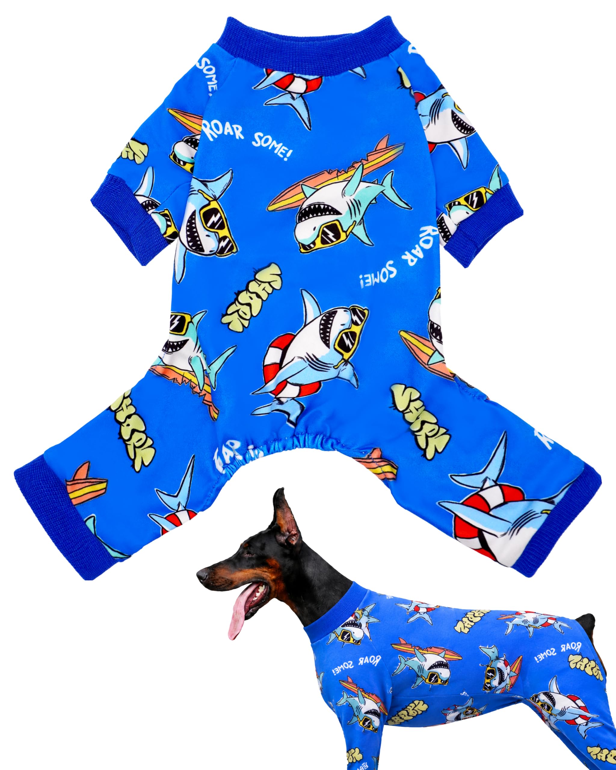 BIPY Dog Pajamas Milk Silk Fabric Breathable and Comfortable Elastic Dog Daily Clothes with Neckline Contraction to Prevent Hair Loss Cute and Cool Shark Pet Home Clothes，3XL