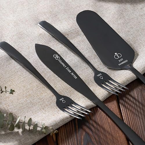 Miniatura 5 de AW BRIDAL Juego de cuchillo y cortador de pastel de boda negro con tenedores, juego de corte de tartas Mr y Mrs para pasteles para compromiso,