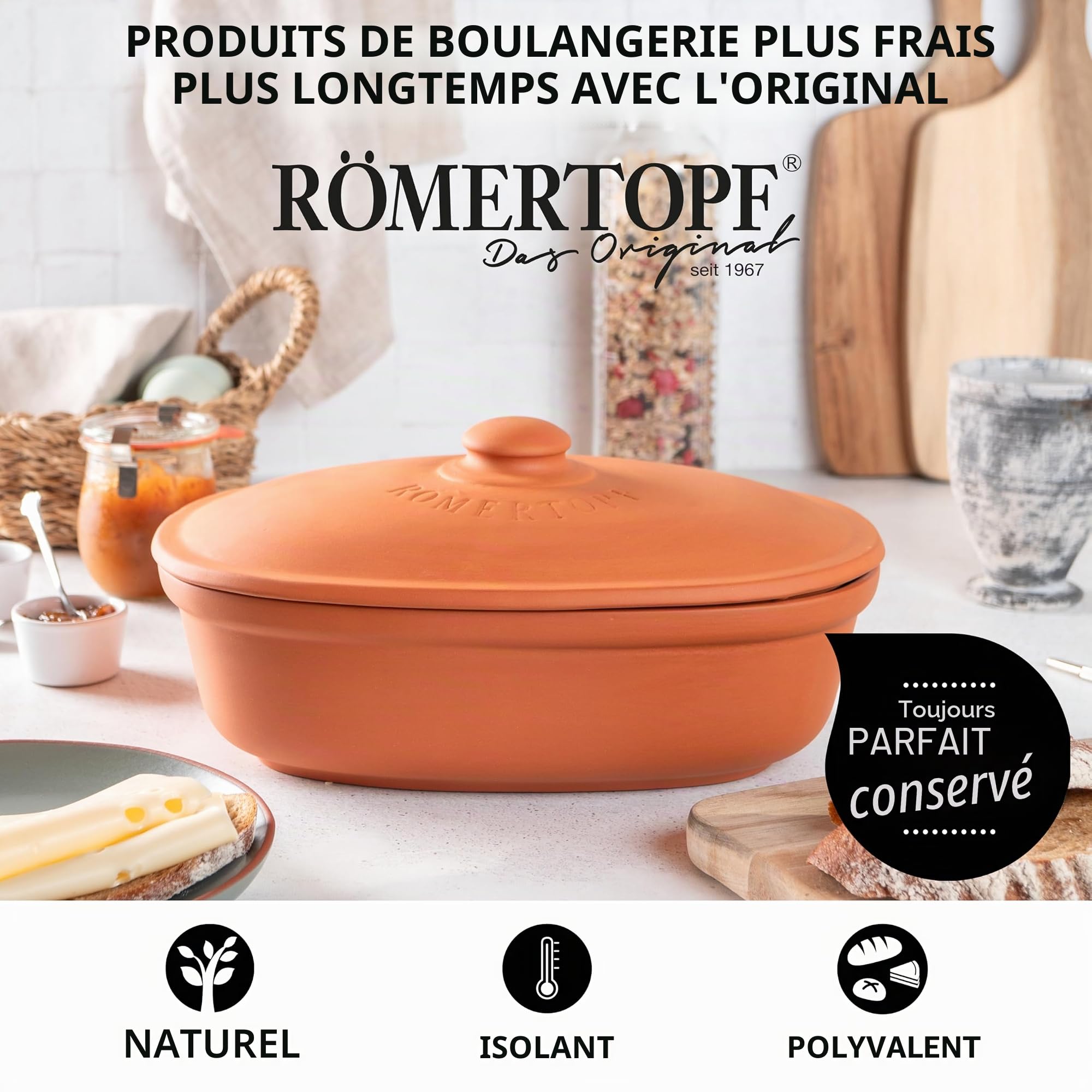 Römertopf Pot à pain ovale en terre cuite naturelle 2 L, système de ventilation et régulation d'humidité, 30 x 21 x 15 cm, terracotta