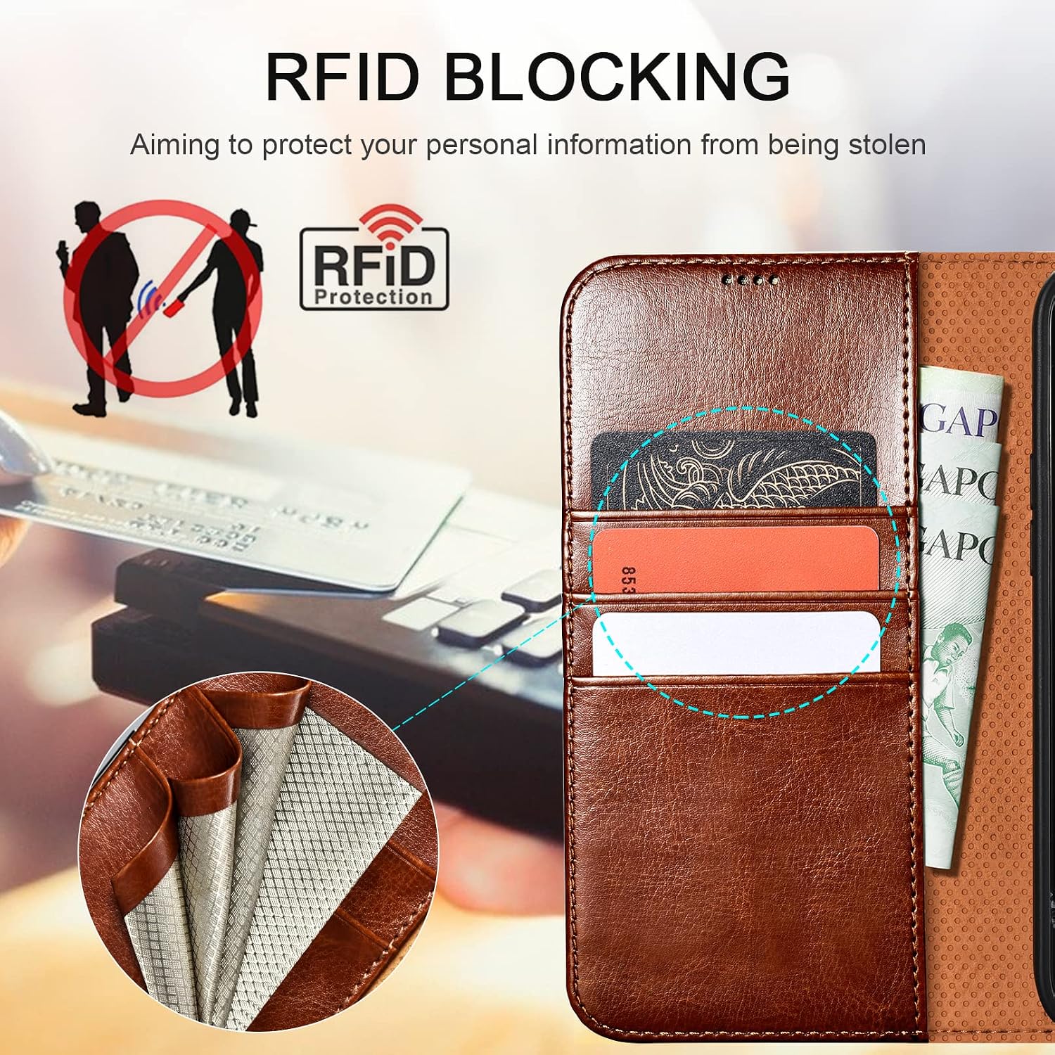 ICARER iPhone 14 Pro Case, Premium Handcrafted PU Leather Wallet Case, Wireless Support with 3 Card Slots, Magnetic Closure Kickstand RFID Credit Holder for iPhone 14 Pro 6.1 inches (Brown)