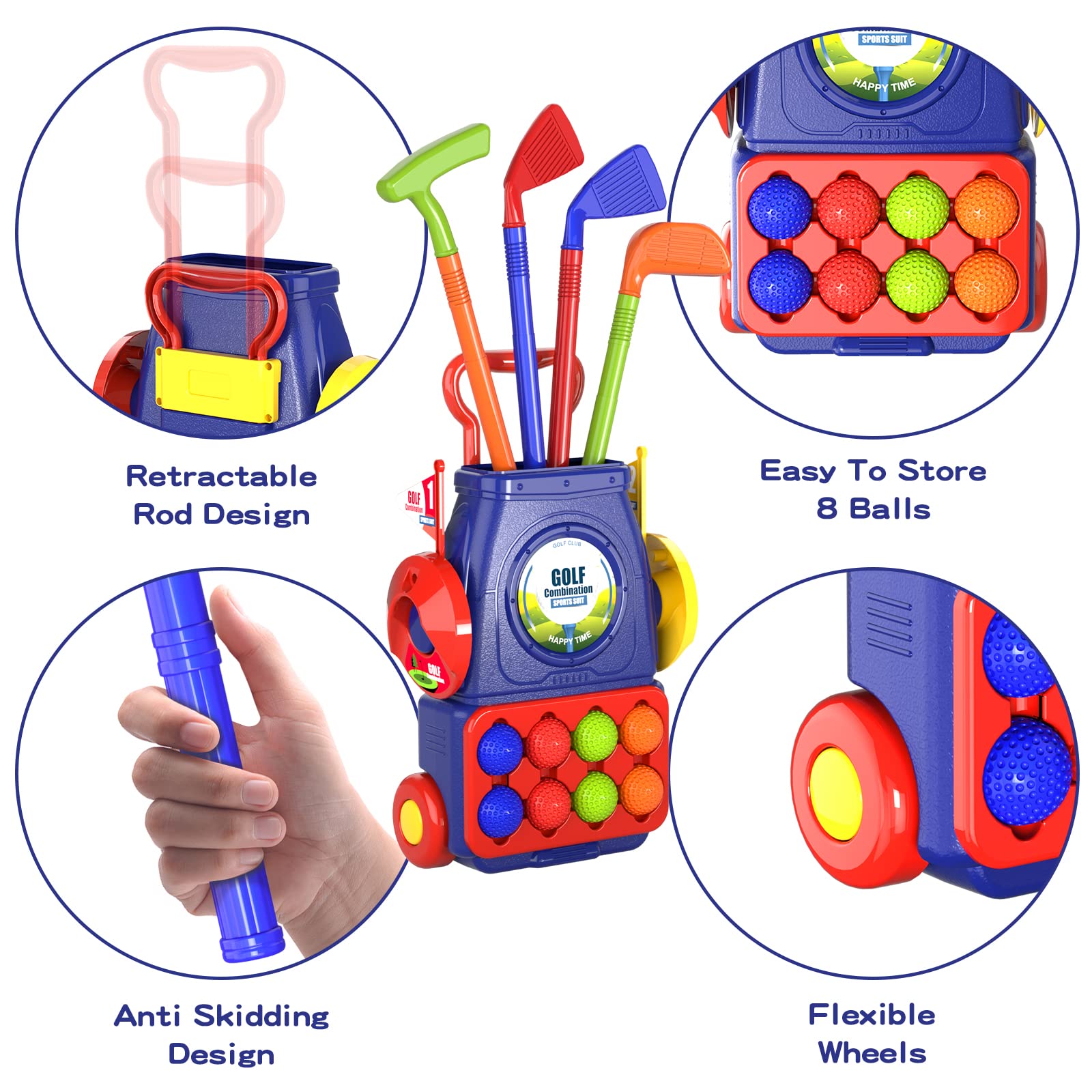 QDRAGON Juego de Golf para Niños, Mini Golf con 4 Palos de Golf, 8 Pelota de Golf, Carro de Golf, Juguetes de Golf Regalo para Infantil Niños, Niñas 3, 4, 5 6 Años