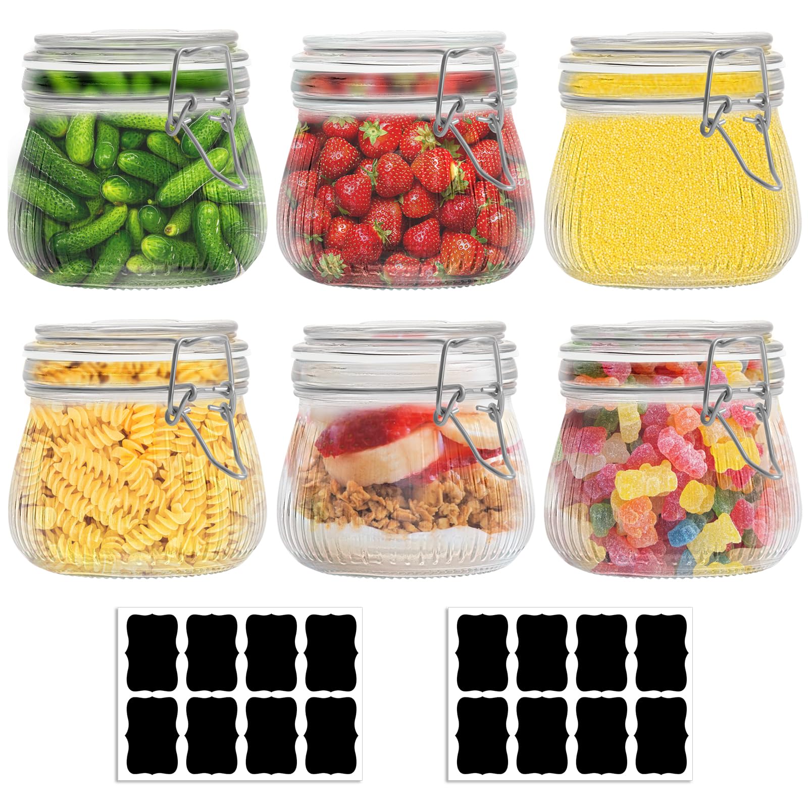 6 Barattoli Ermetici A Clip Da 500ml, Barattoli Ermetici Per Alimenti Con Etichette, Anello Di Gomma Barattoli Vetro Con Coperchio Per Vasetti Marmellata Cereali, Chicchi Di Caffè, Spezie