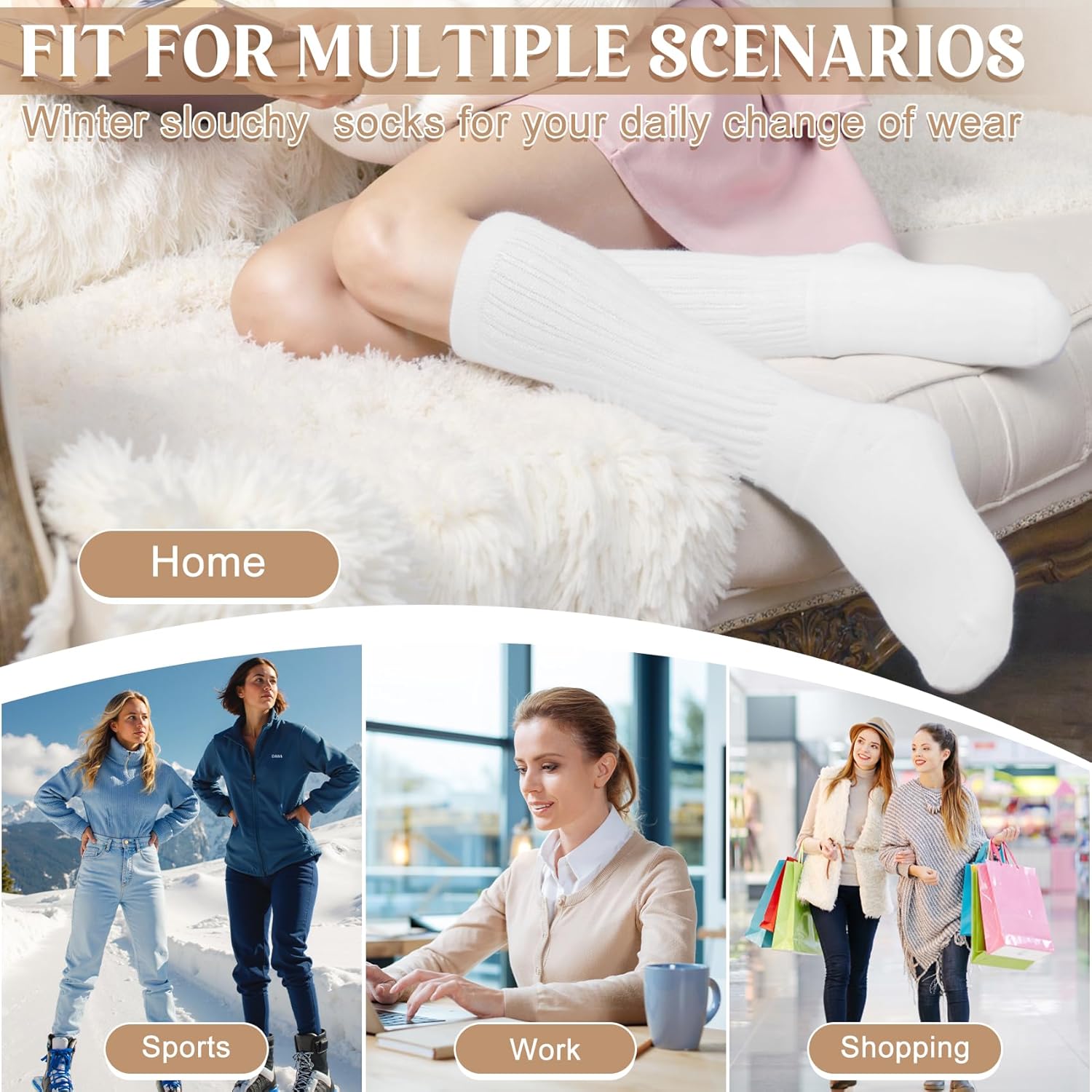 Justay 4 Pairs Slouchy Socks for Women, Cotton Scrunch Winter Warm Thick Long Boot Wool Fall Crew Slouch Socks Gifts - Image 7