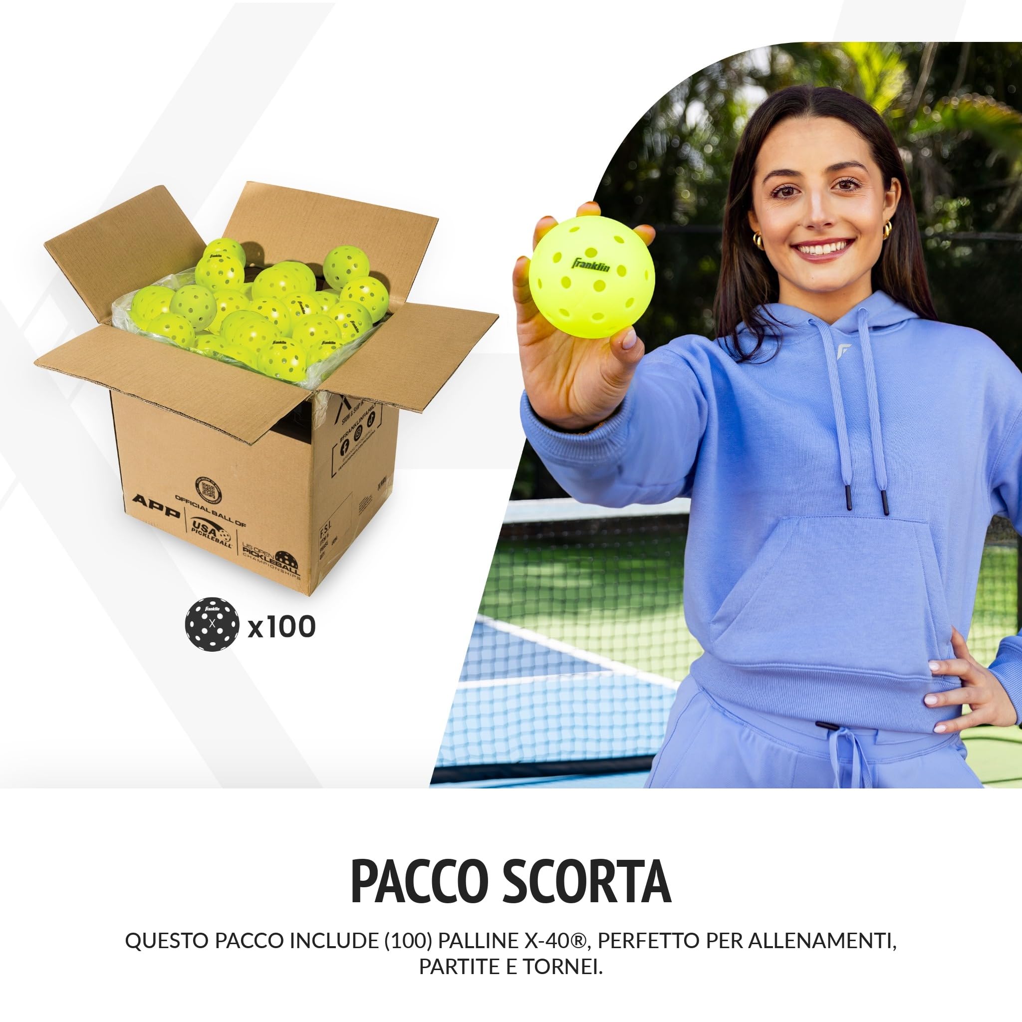Franklin Sports X-40 100 Palline Pickleball Outdoor – Palline Ufficiali US Open Pickleball Championships – Approvate USA, Alta Visibilità Neon, Resistenti e Professionali