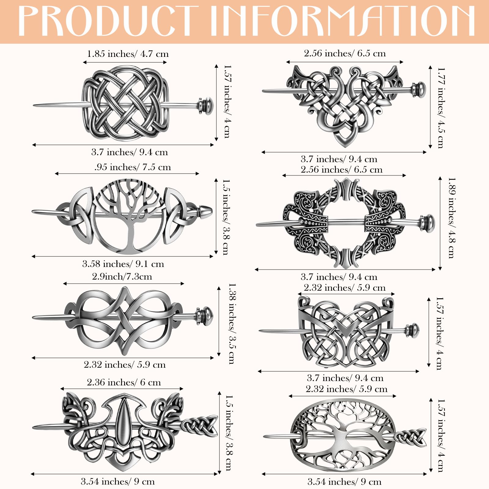 Syhood 8 Pcs Viking Celtic Hair Clips Vintage Knot Hair Stick Retro Silver Metal Celtic Barrette Hairpins Viking Jewelry Accessories for Women (Classic)